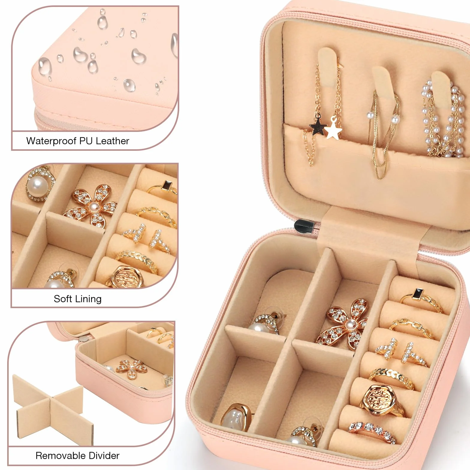 VINATO Portagioielli Personalizzabile con Lettere Diamantate 10x10x5 cm DIY Scatola Porta Gioielli da Viaggio in Pelle PU Rosa