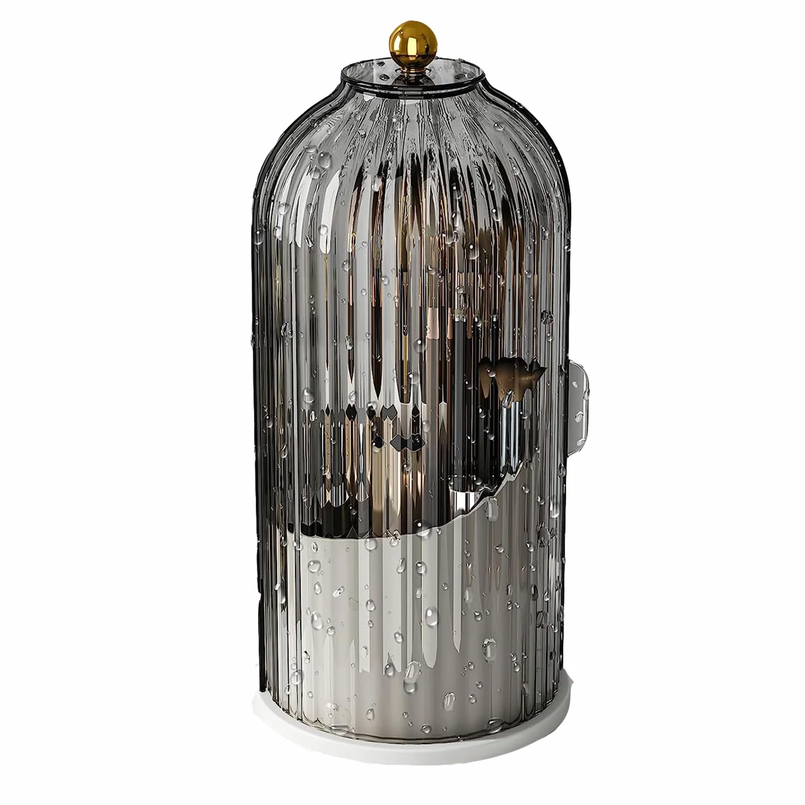 Porta pennelli da Trucco con Coperchio, Girevole a 360°, Organizer per Cosmetici da appoggio, Antipolvere, per Bagno, Trasparente (Grigio Bianco)