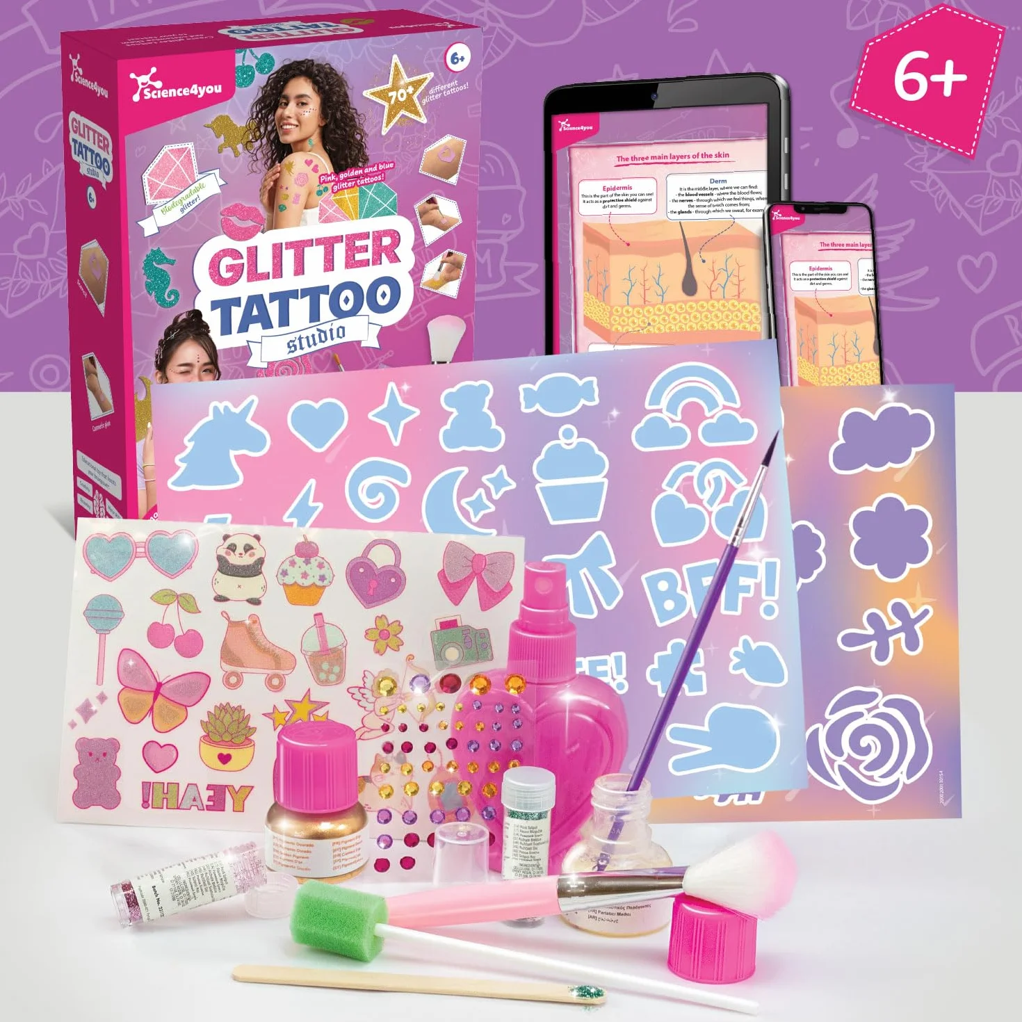 Science4you Tatuaggi Glitter per Bambini di 5 6 7 8 9+ Anni – Kit di Tatuaggi Temporanei Glitterati per Bambini con più di 70 Adesivi di Bellezza, Regalo perfetto per le Ragazze di 5 6 7 8 9+