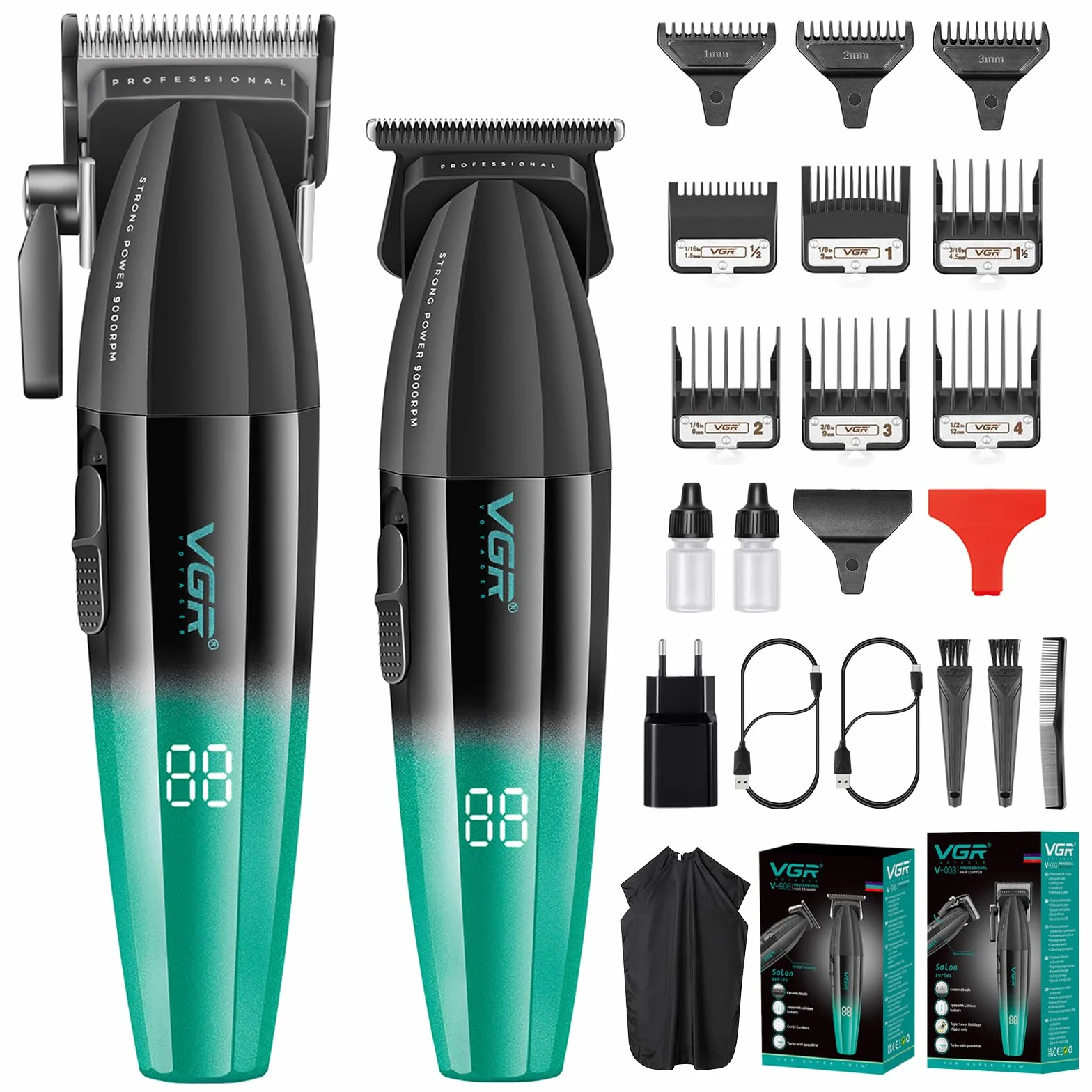 VGR Tagliacapelli Uomo Professionale Taglia Capelli Elettrico Senza Fili Kit Barbiere Macchinetta per Capelli 9000 Giri/min Set Taglia Barba e Capelli Uomo Senza Fili Ricaricabile, 9 Pettini Guida