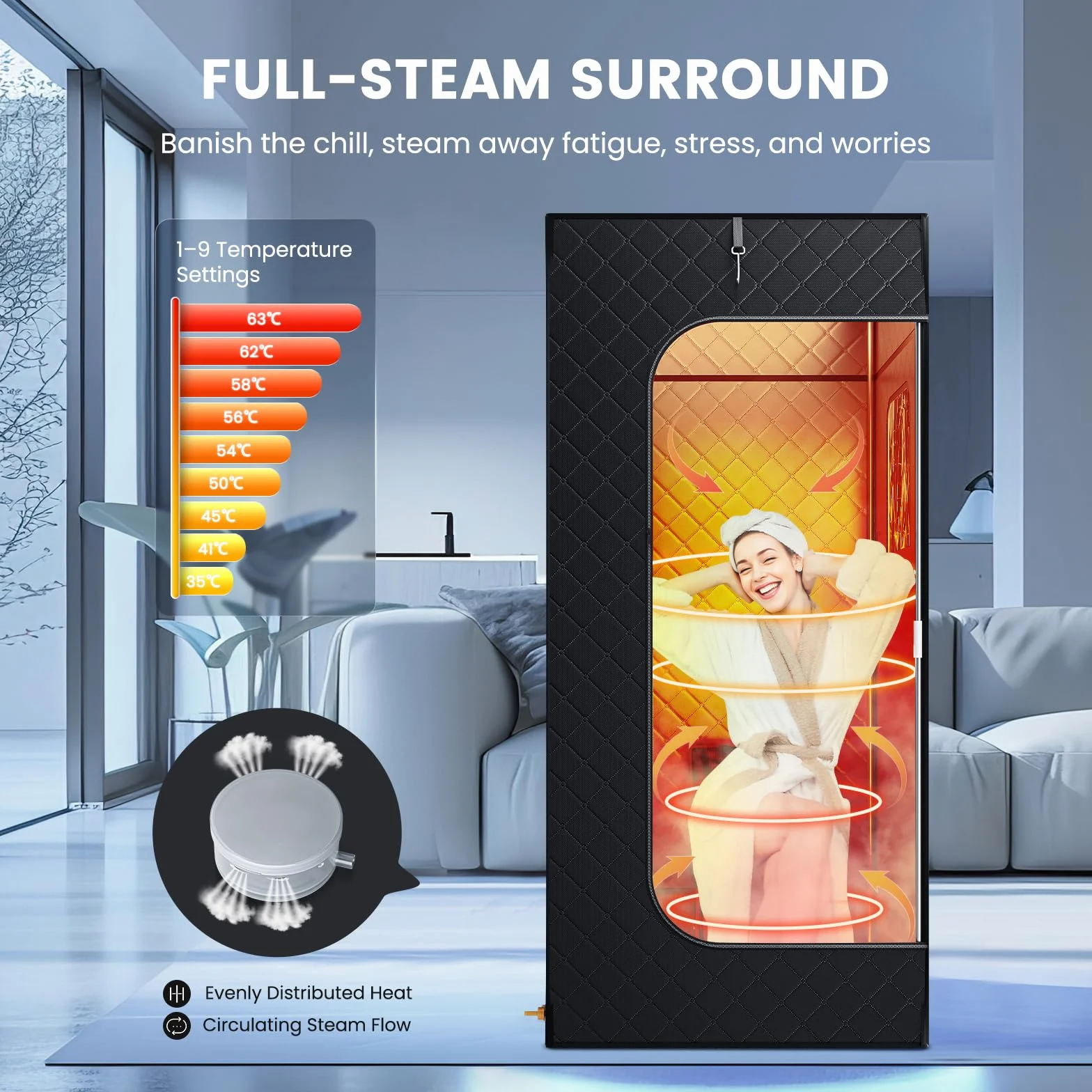 Sauna Portatile 180×80×80 cm 2.6L Vapore 9 Livelli Calore Riscaldamento Rapido 3 Minuti Sedia Pieghevole Telecomando