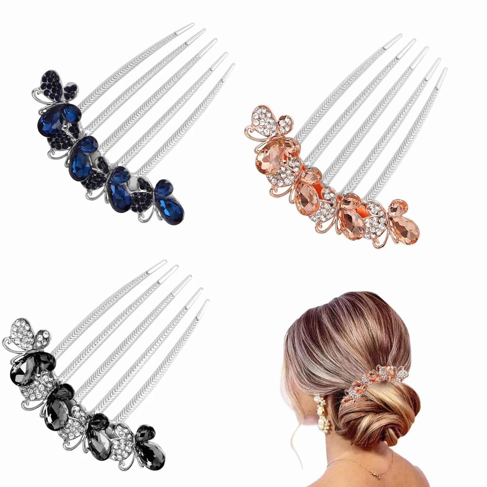 3 Pezzi Strass Pettine Cristallo - Farfalle e Fiori per Capelli da Sposa - Accessorio con Strass per Donne e Ragazze