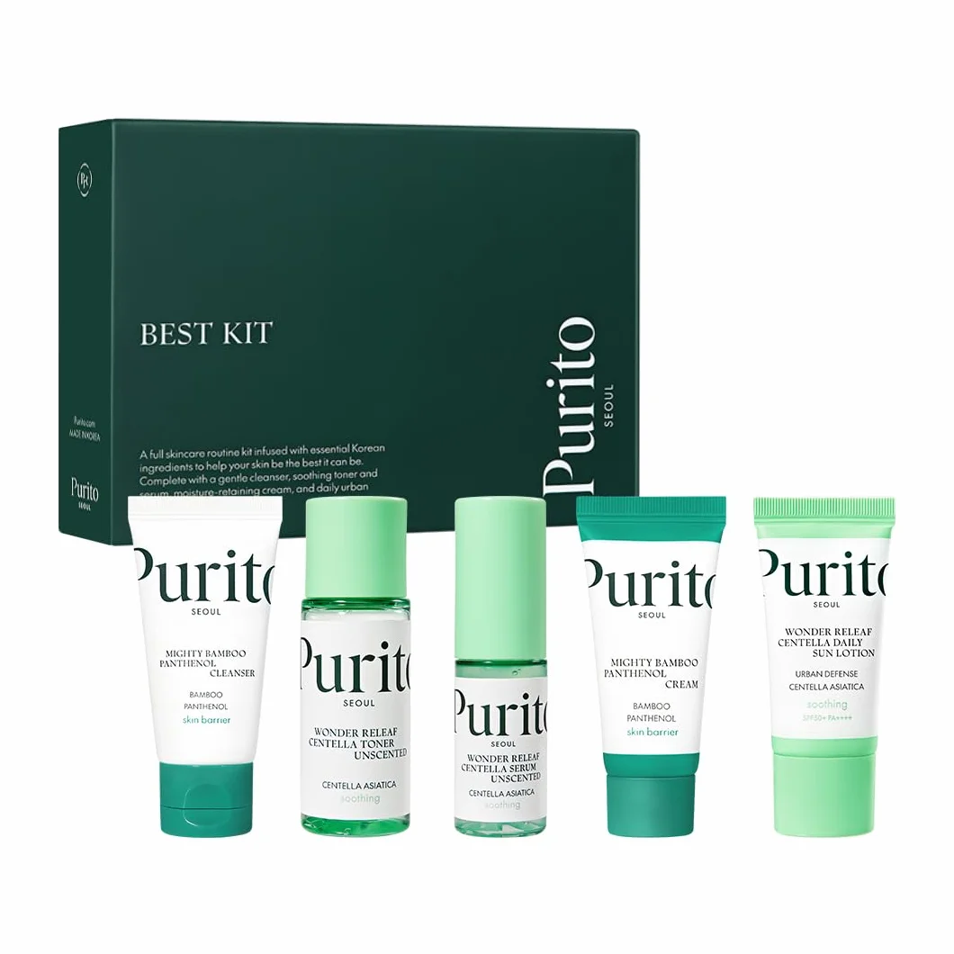 PURITO SEOUL Best Kit per la cura della pelle con detergente e crema al pantenolo, siero e toner alla centella inodore, per tutti i tipi di pelle, set regalo, per viso, siero viso, K-Beauty, 104 ml