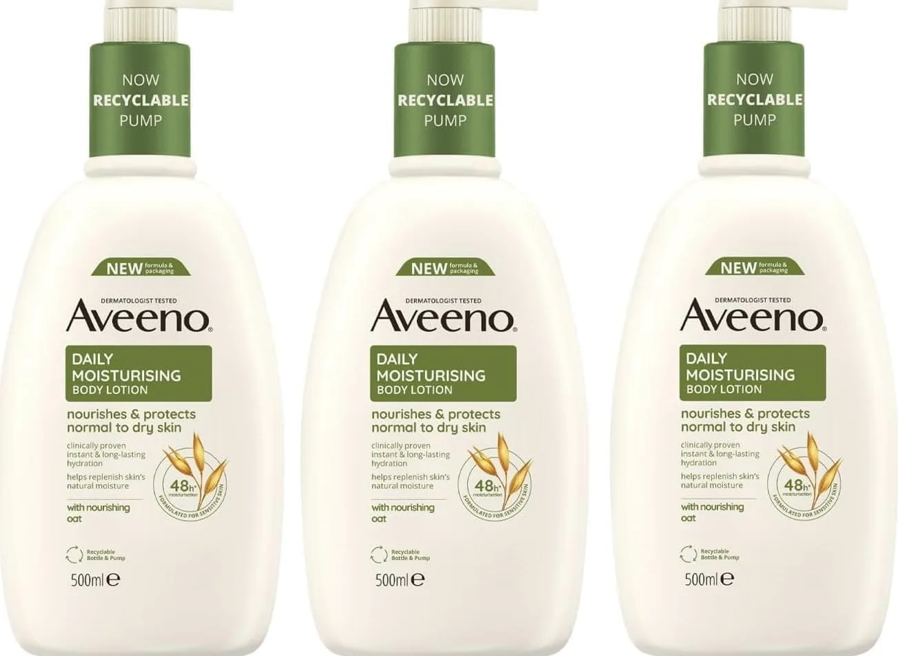 Aveeno Lozione corpo idratante quotidiana (3 x 500 ml), lozione idratante arricchita con farina d'avena colloidale nutriente, delicata per il corpo adatta per pelli sensibili e secche
