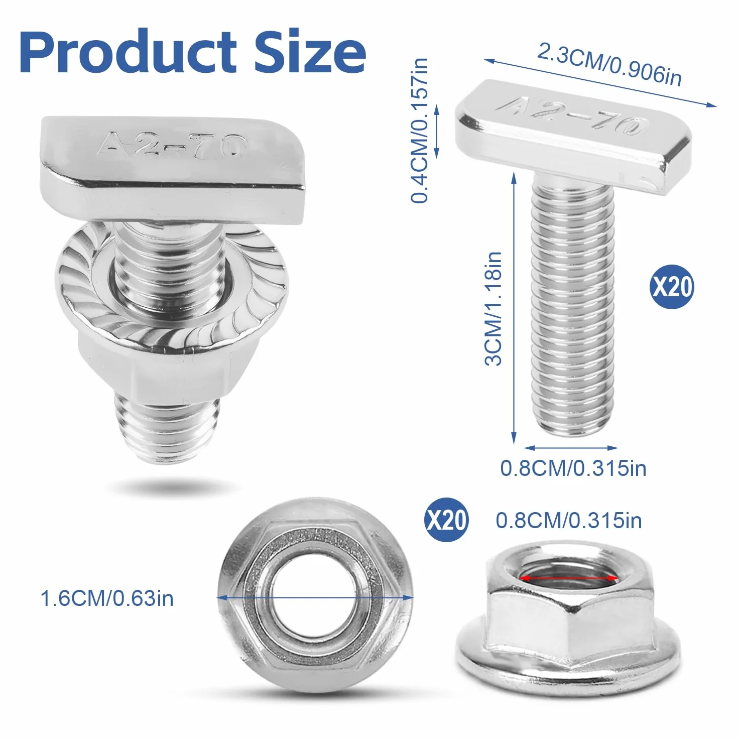 Viti Testa a Martello M8 Inox A2-70 M8x30 20 Pezzi per Impianti Fotovoltaici
