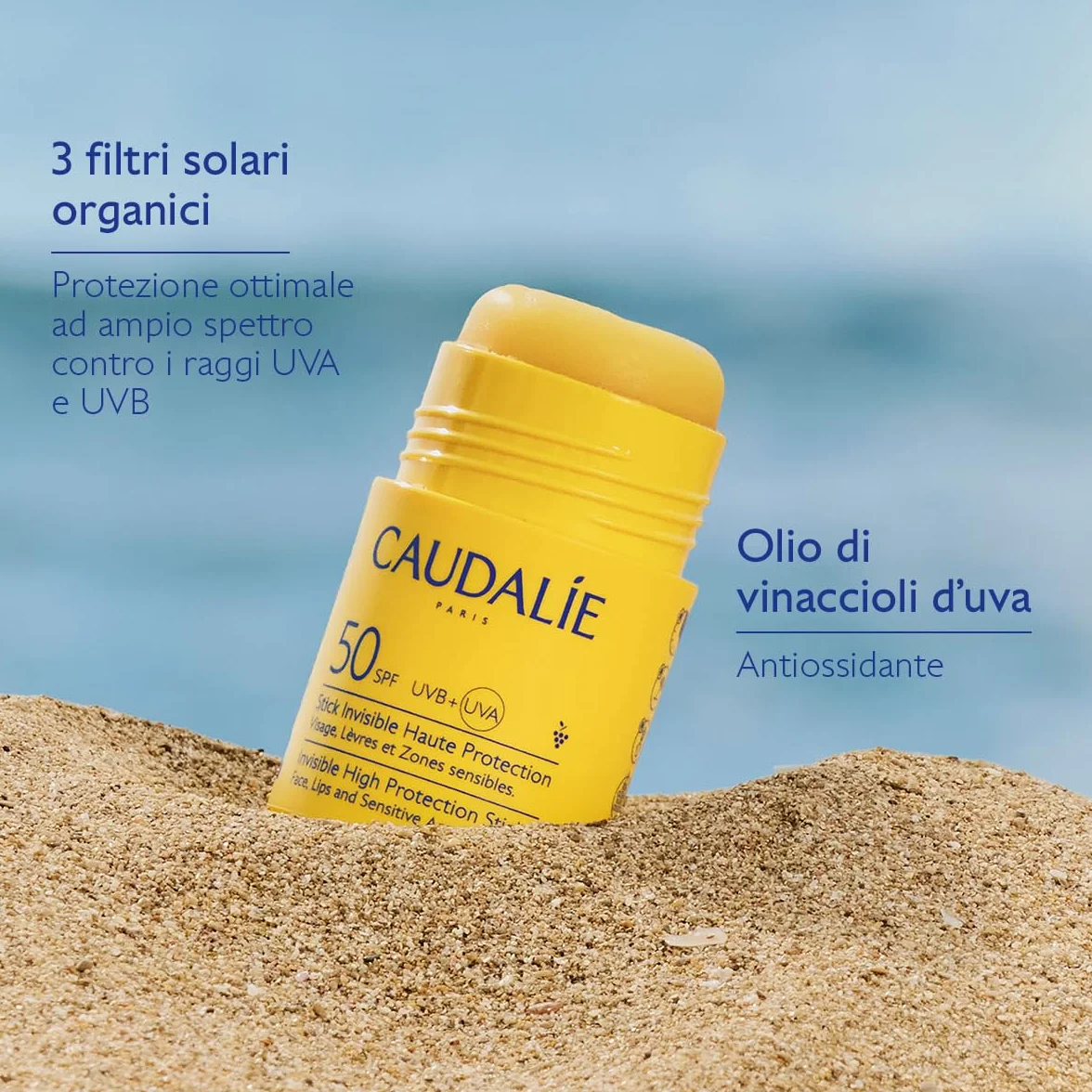 Caudalie Stick Invisibile ad Alta Protezione SPF50 – Olio di Vinaccioli, Filtri Solari Organici, Senza Profumo, Resistente all'Acqua, Adatto a Tutta la Famiglia, Vegano, PA++++
