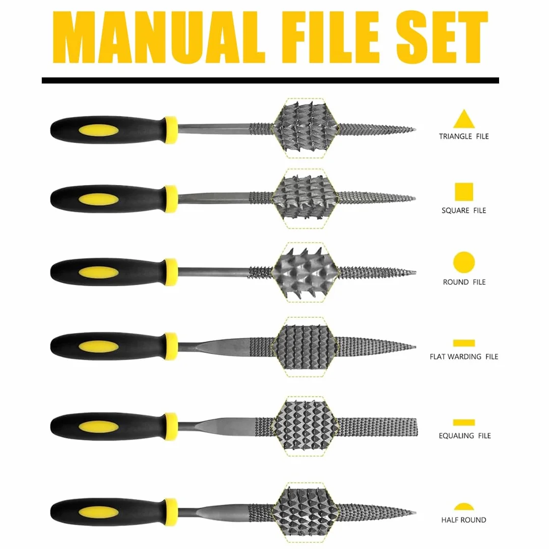 Set di 6 Lime e Raspe in Acciaio ad Alto Tenore di Carbonio - Piatto, Triangolare, Semitondo, Rotondo per Legno e Metallo