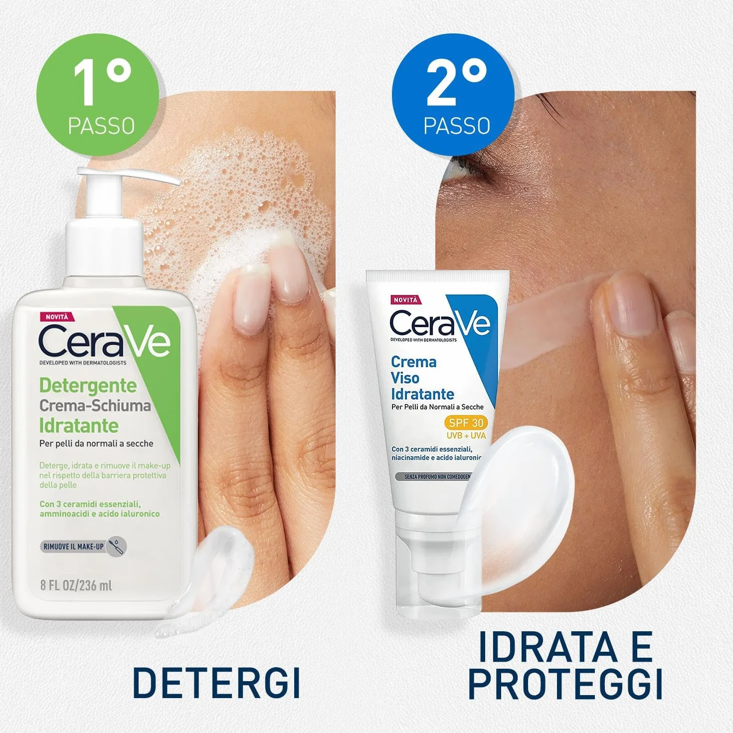 CeraVe Kit Skincare Viso Detergente Schiuma, Per Pelli da Normali a Secche, Con 3 Ceramidi, 236 ml + Crema Idratante SPF 30, 52 ml