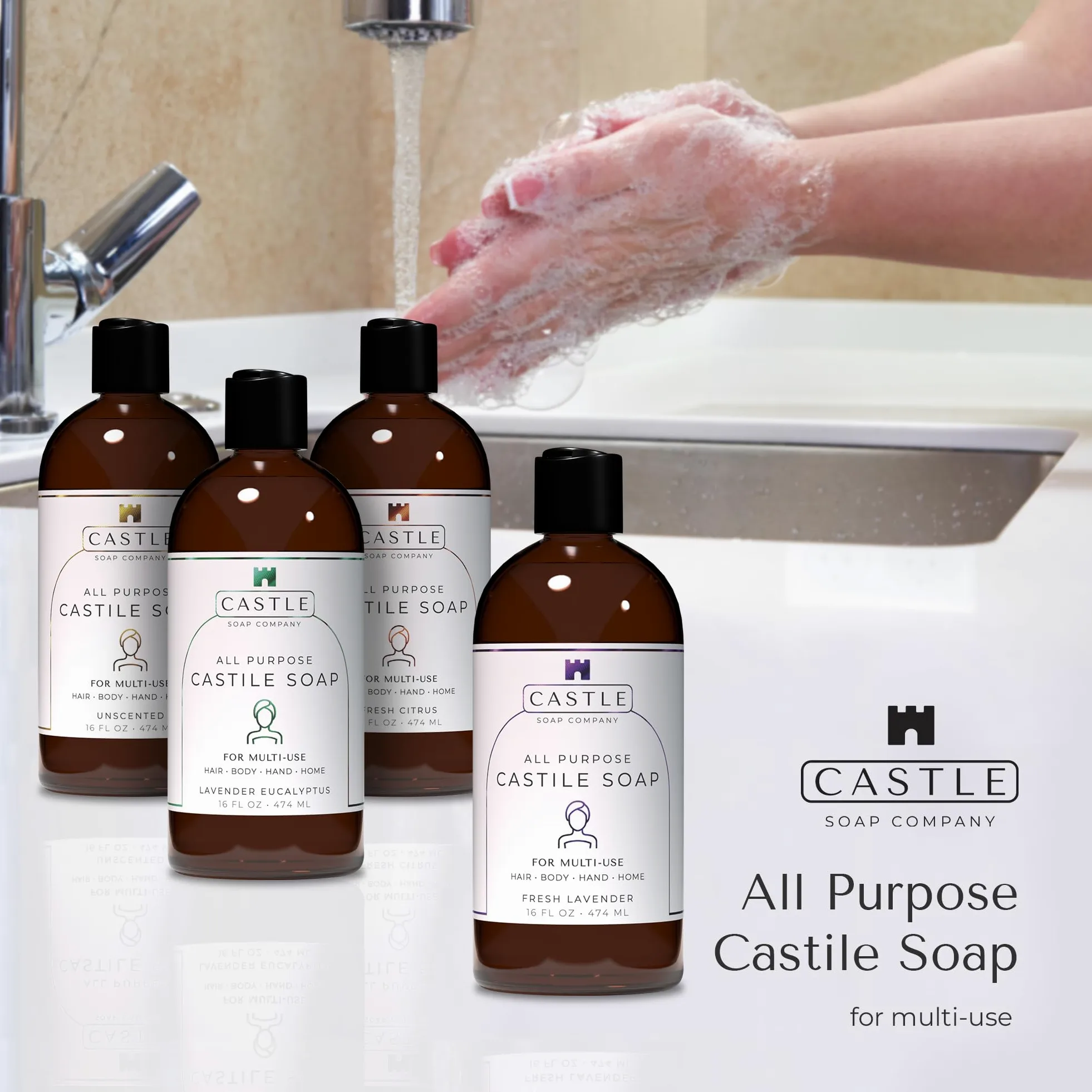 Castle Soap - Sapone di castiglia multiuso per capelli, corpo, mani e casa, formula nutriente con olio di cocco, adatto per pelli sensibili