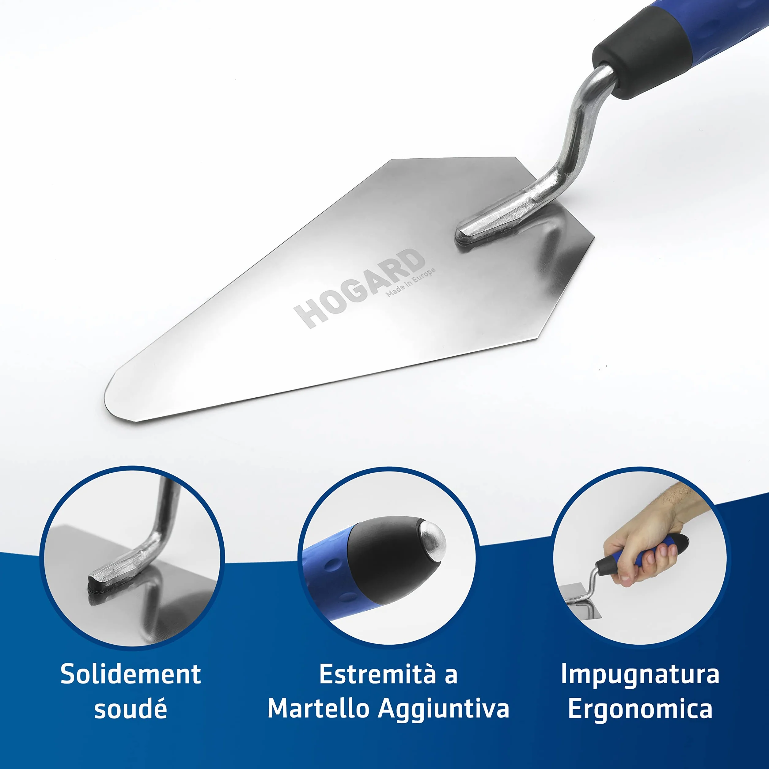 Cazzuola Muratore Professionale Punta Quadra Acciaio Inox Manico Ergonomico Intonaco Prodotto UE
