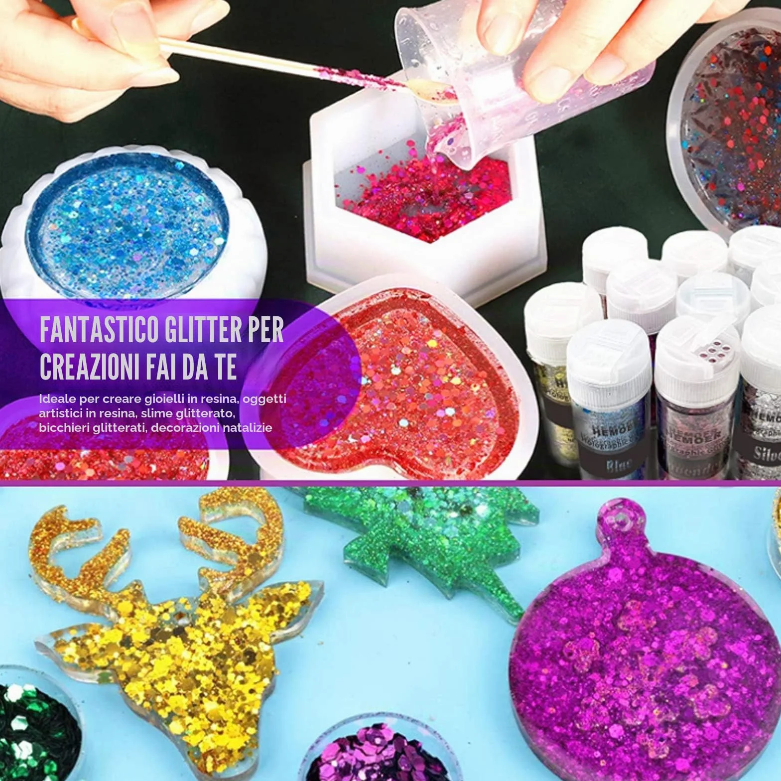 HEMOER 12 Colori Glitter Grosse Olografiche, 144g Holographic Chunky Glitter per Corpo, Paillette per Resina Epossidica, Capelli, Unghie, Viso, Trucco del Festival