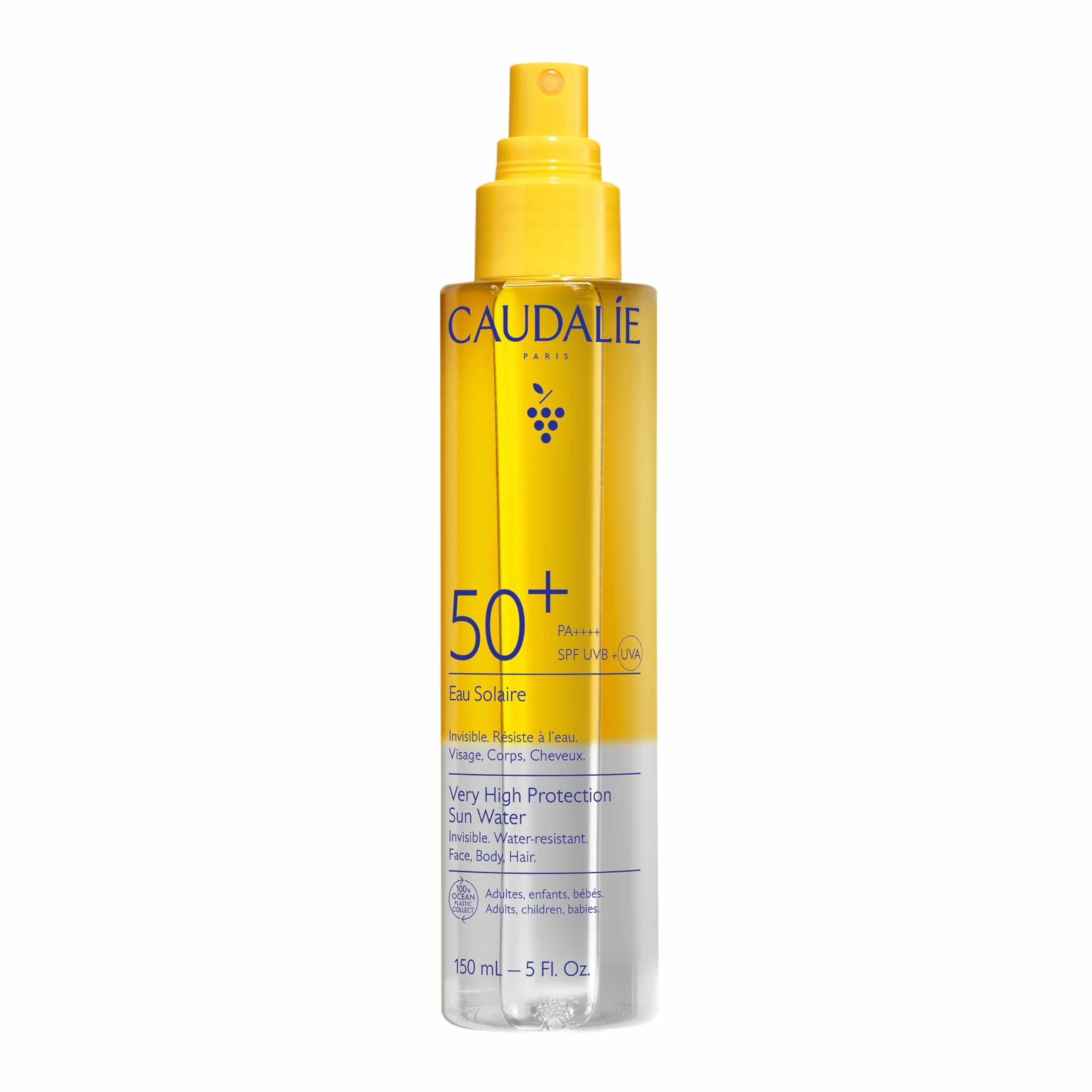 Caudalie Acqua Solare ad Altissima Protezione SPF50+ – CollagenSkinProtect™, Filtri Solari Organici, Viso Corpo e Capelli, Resistente all'Acqua, Vegano, PA++++, 150 mL