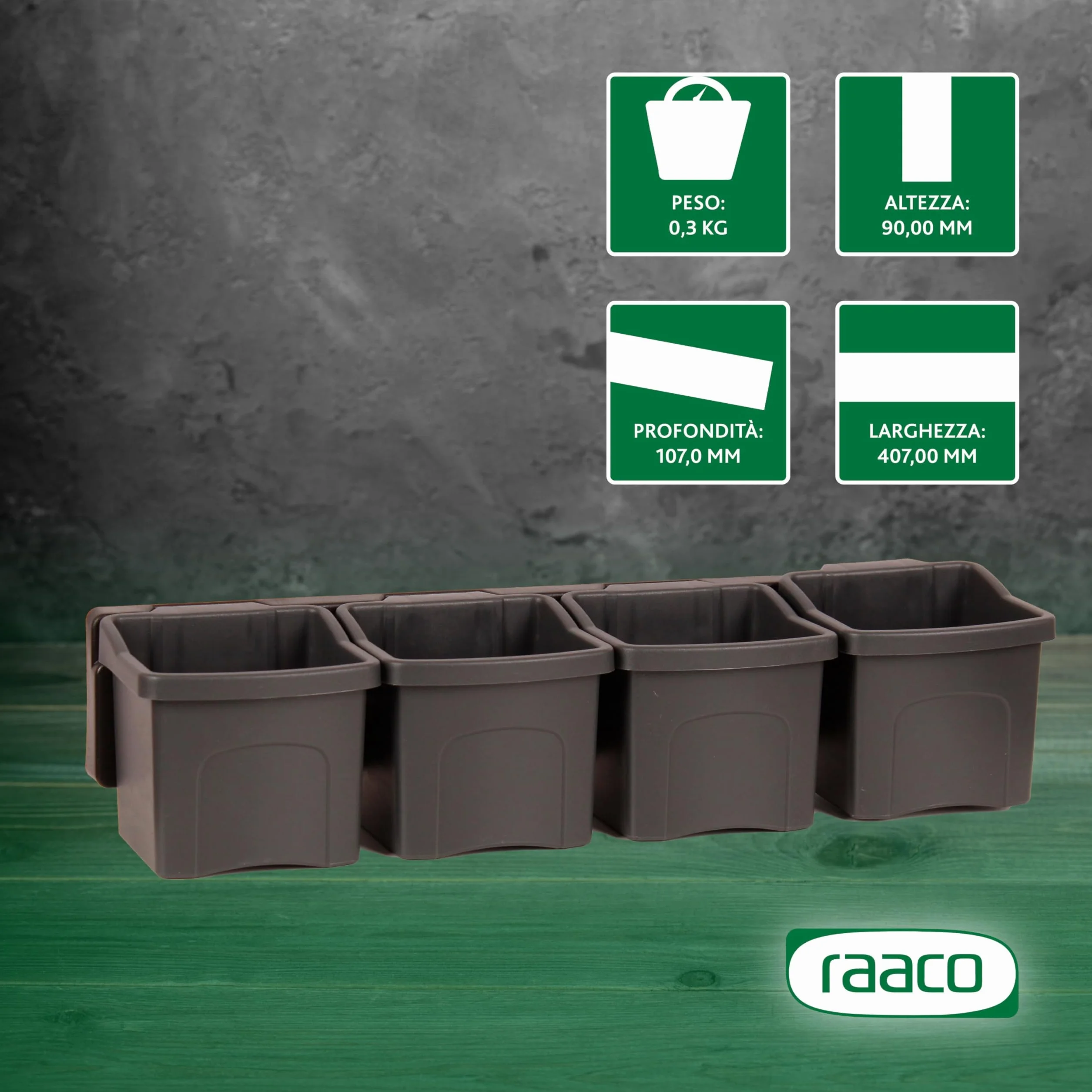 Raaco Cup set 1 Pannello Porta Attrezzi da Parete con 4 Contenitori 10,7 x 40,7 x 9 cm