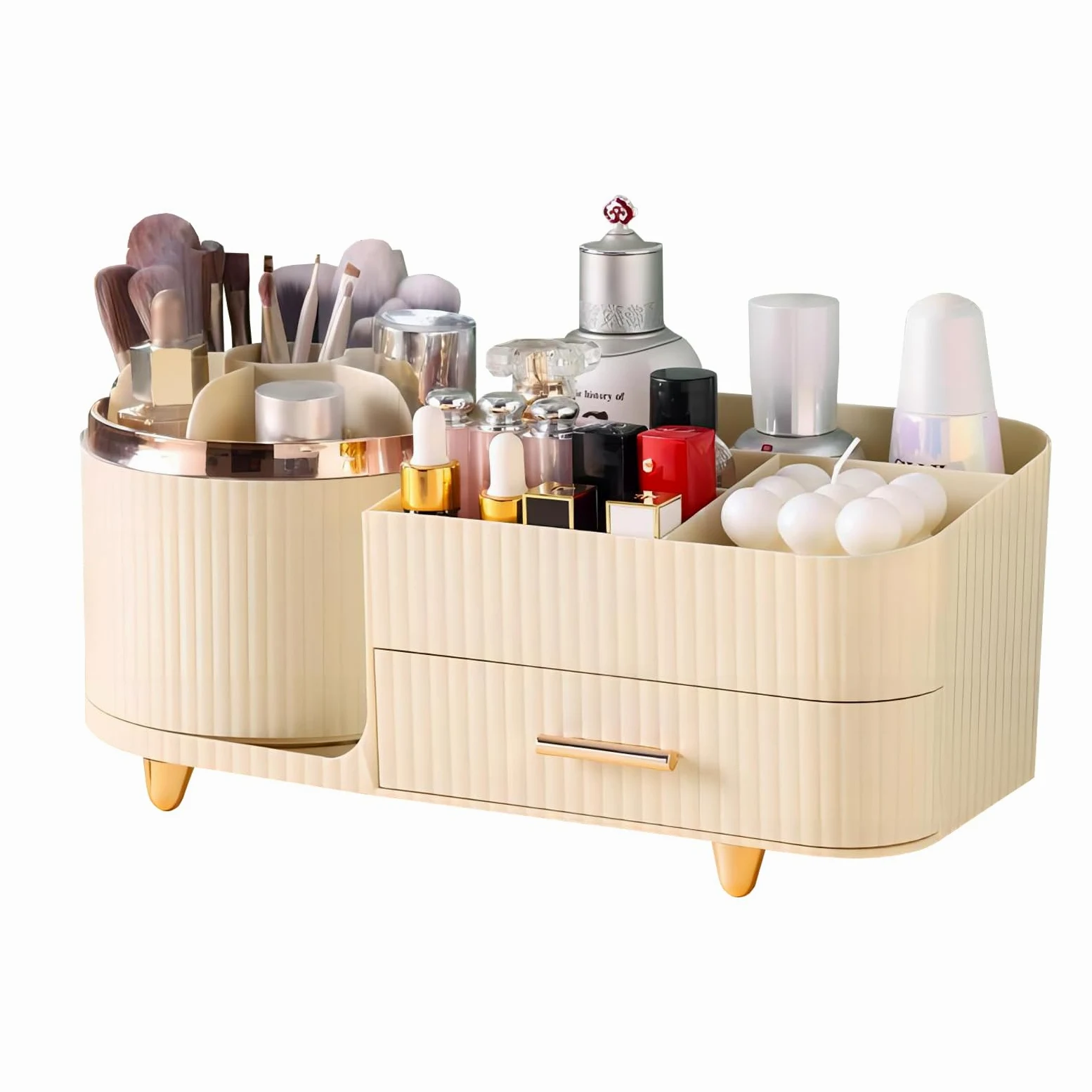 DASITON Organizer Trucchi Rotante a 360°, Porta Trucchi Organizer per Cosmetici con Cassetti,Organizzatore Trucchi di Grande Capacità, Porta Pennelli Makeup per Bagno, Camera da Letto (Crema)
