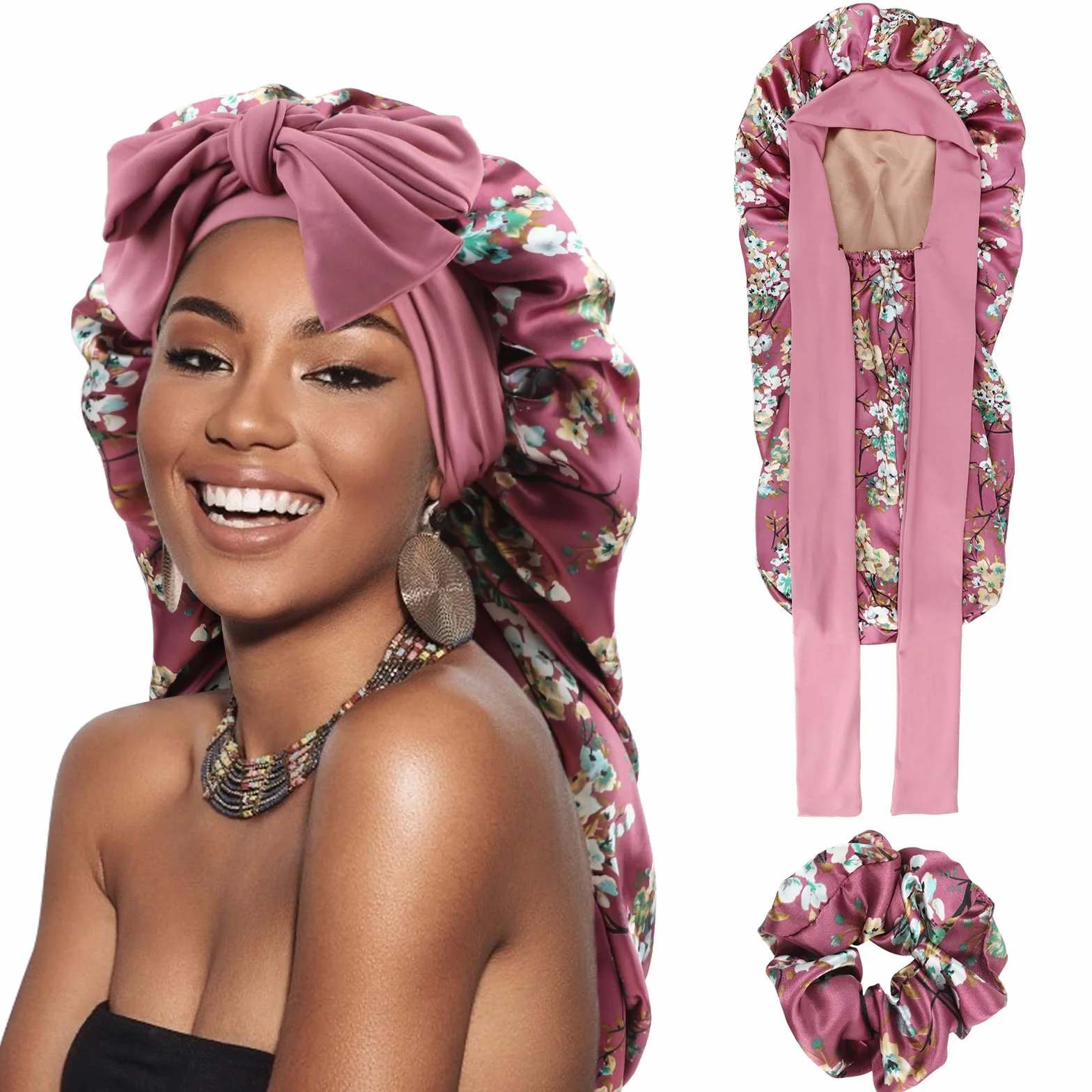 DRESHOW Cuffia Lunga con Treccia di Raso per Donna Cuffia di Seta per Dormire Cuffia per Dormire con Fascia Elastica Cuffia da Notte per Capelli Ricci Lunghi Locs