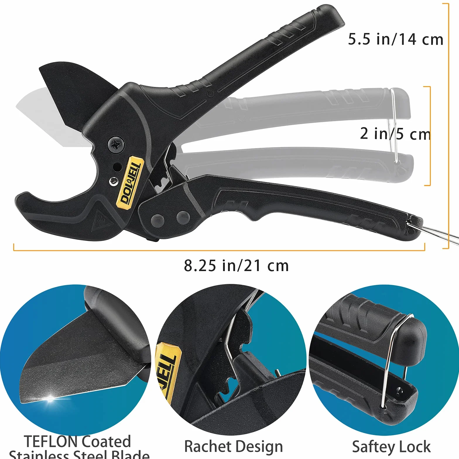 DOWELL PVC Tubo Cutter Ratchet Heavy Duty Teflon Rivestito Lama Acciaio Inox Regolabile 1-5/8 pollici 42mm
