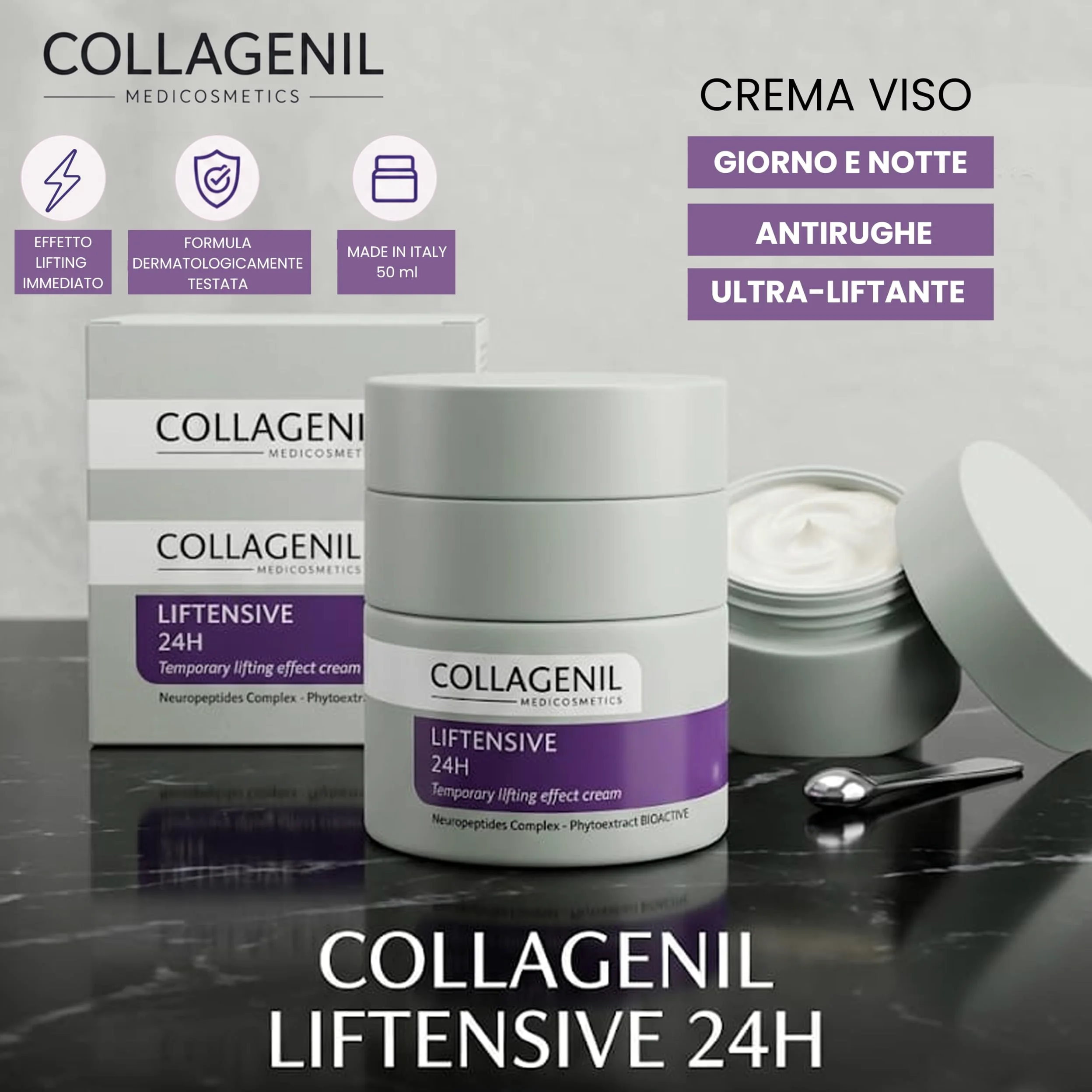 Collagenil Liftensive 24H, Crema Viso Giorno e Notte Collo e Décolleté, Effetto Ultra-Liftante, Antirughe di Espressione, Rassodante, Azione Botox-Like, Made in Italy, 50ml