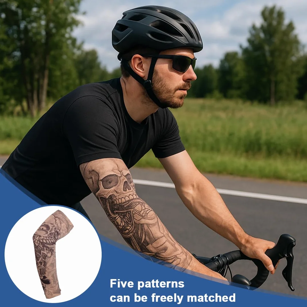 JEYORZY 5PC Maniche Tatuaggio,Manica a Tatuaggio,Nylon Elastiche Realistico Tatuaggio Temporaneo Finti Tattoo Sleeve,Manicotti da braccio per Uomo Donna,Braccia Protezione Sportiva Ciclismo