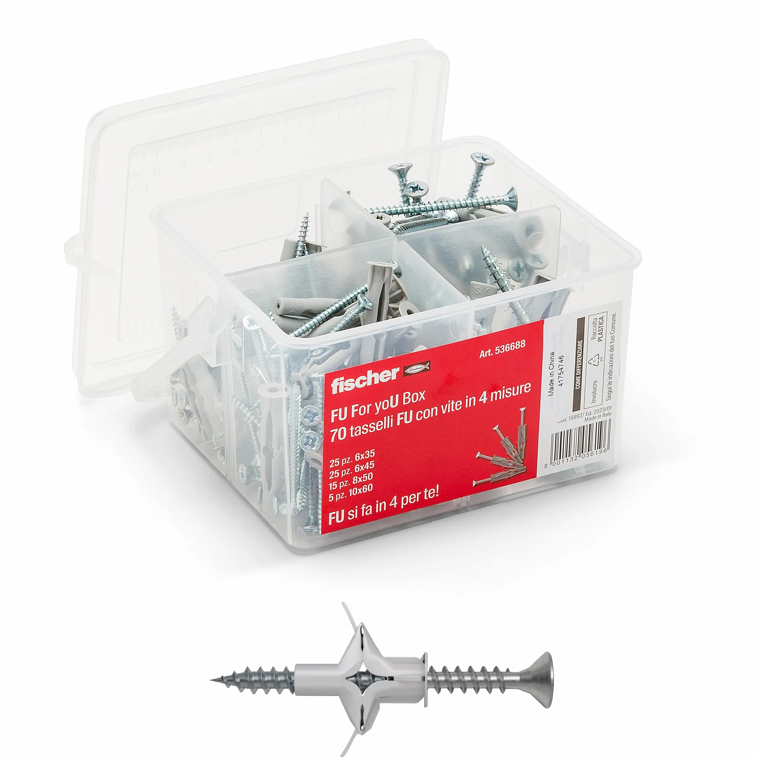 Fischer Kit For You Box 70 Tasselli FU con Vite per Muro Pieno, Cartongesso e Lastre, Grigio