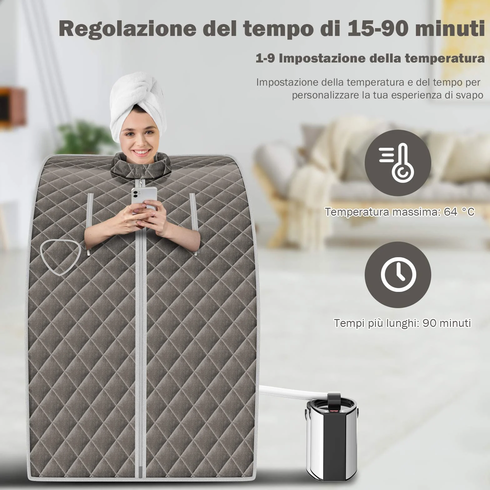 RELAX4LIFE Sauna a Vapore Portatile 3L, Cabina Domestica SPA, 9 Temperature, 15-90 Min, Telecomando, 1000W Grigio