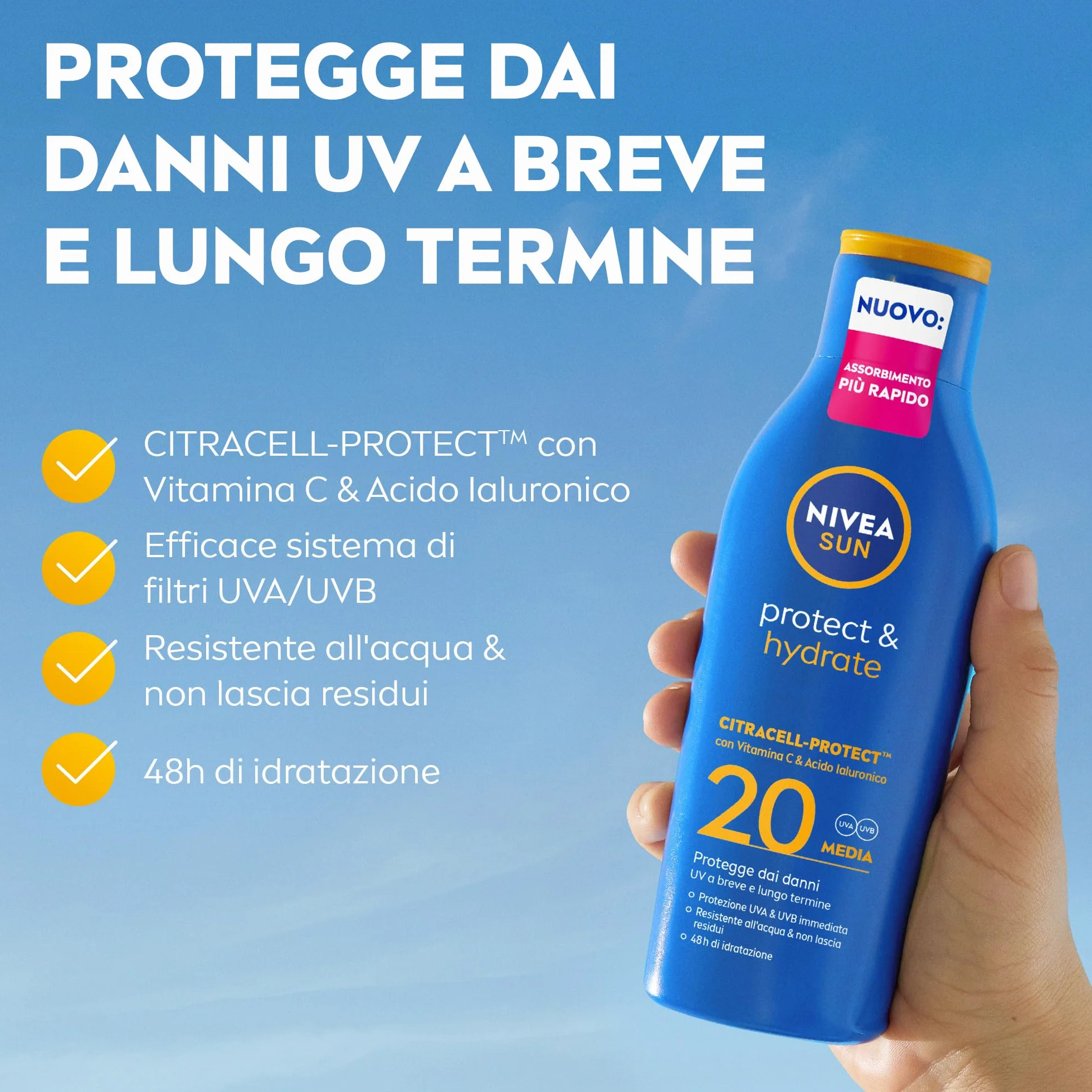 NIVEA SUN Protect & Hydrate SPF 20 200 ml, Crema solare 20 idratante 48h ad assorbimento rapido, Protezione solare 20 resistente all'acqua arricchita con Vitamina C e Acido Ialuronico