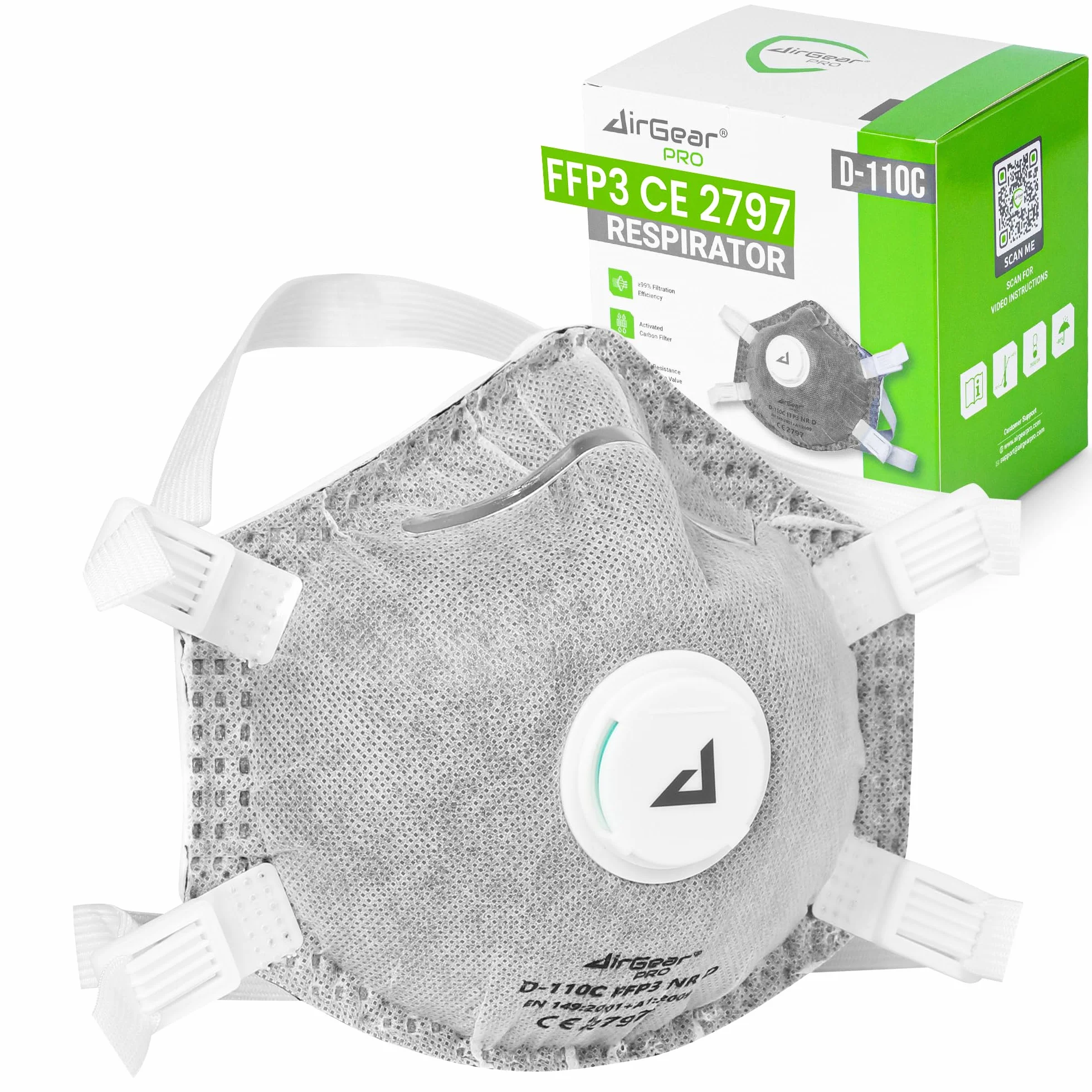 AirGearPro Mascherina FFP3 con Valvola – Maschera Antipolvere per Polveri Sottili con Carbone Attivo – 5 Pezzi