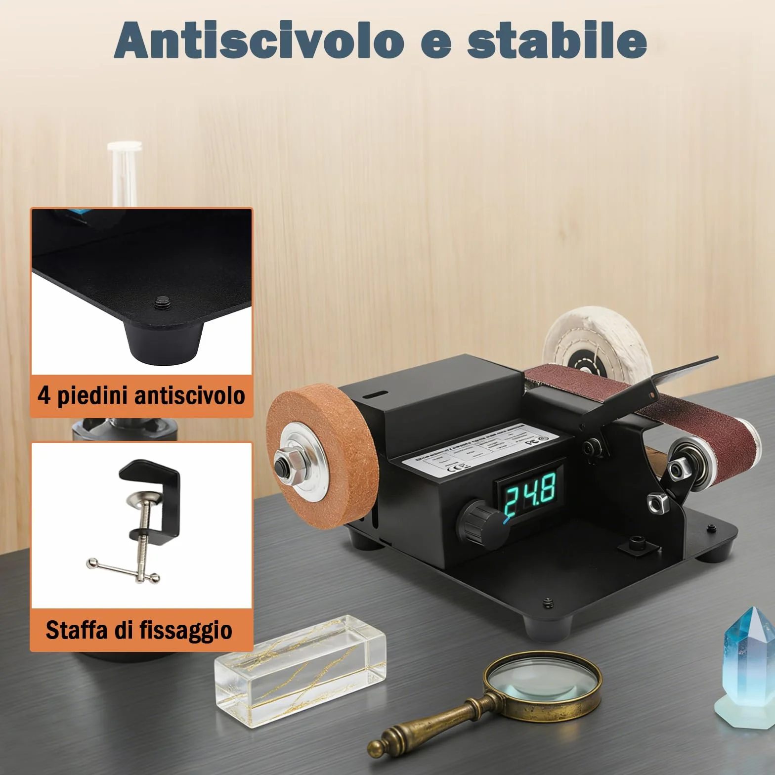 Mini levigatrice a nastro elettrica 350 W 0-10000 giri/min professionale da tavolo 7 livelli con nastri abrasivi