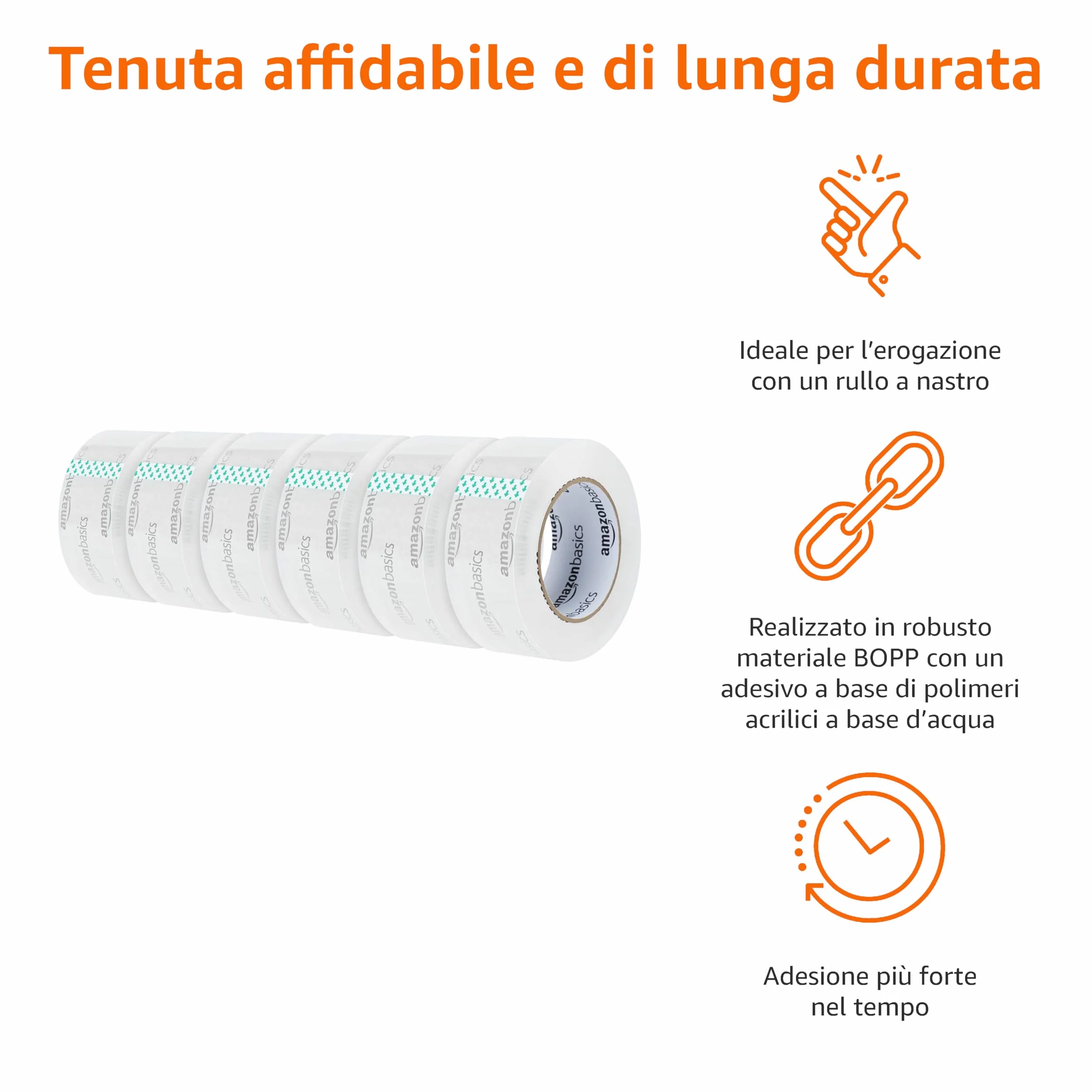 Amazon Basics Nastro da imballaggio 4,7 cm x 99,6 m, confezione da 6, Trasparente