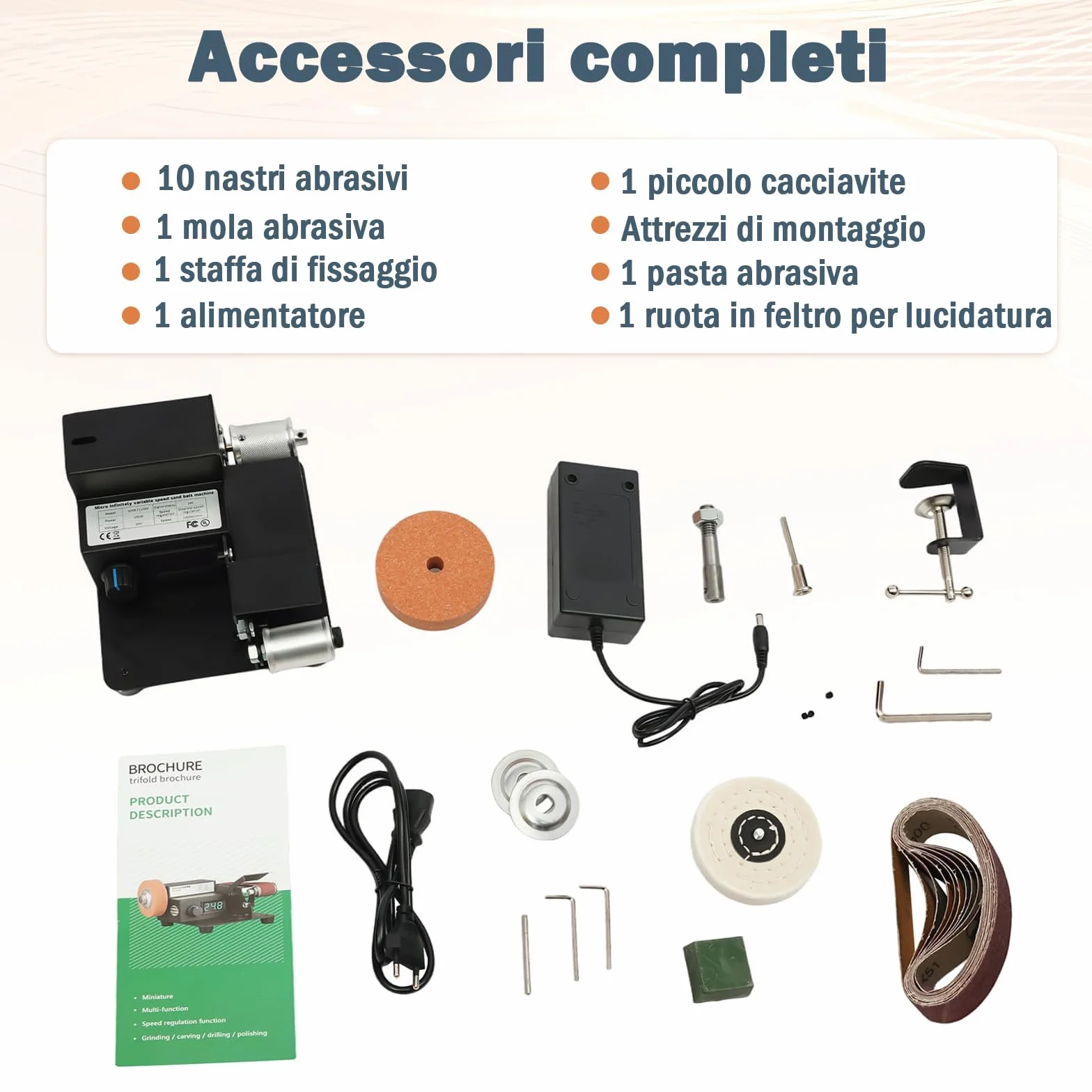 Mini levigatrice a nastro elettrica 350 W 0-10000 giri/min professionale da tavolo 7 livelli con nastri abrasivi
