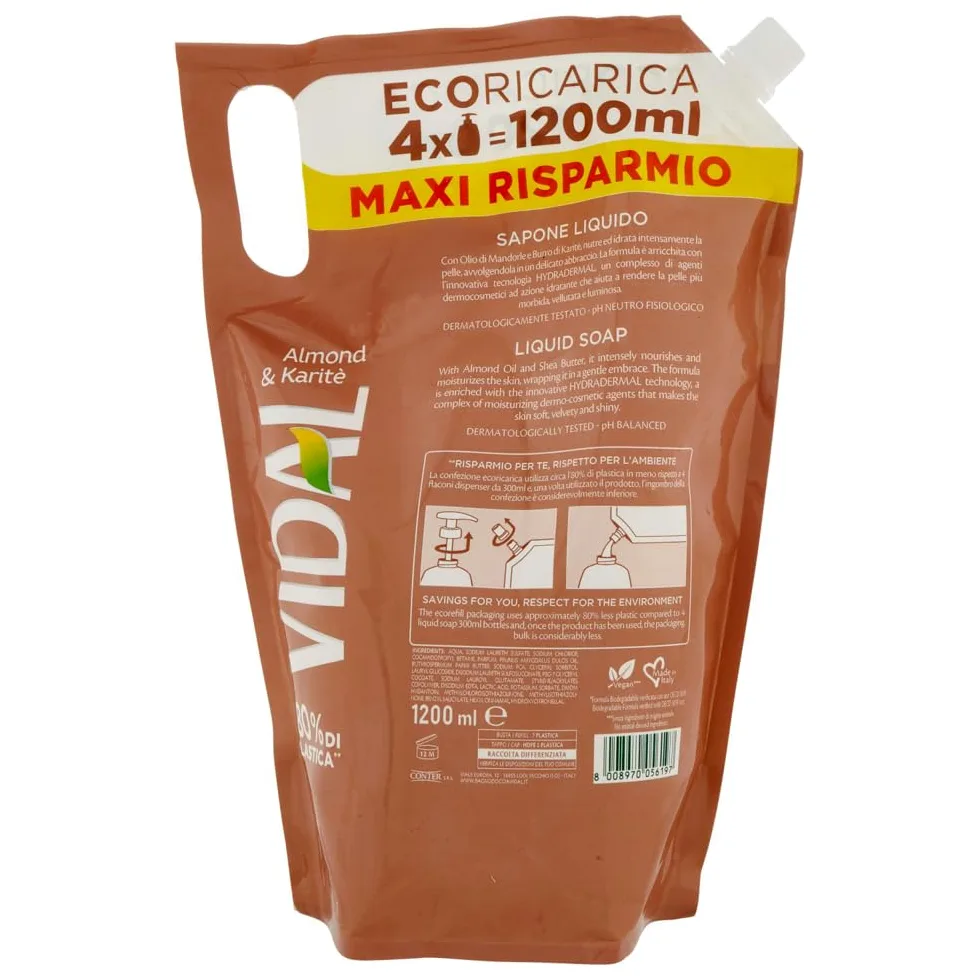 6 saponi liquidi Vidal Almond & Karitè Sapone, burro di karitè e olio di mandorle, sapone Eco Recharge da 1200 ml + portachiavi Beni Culinari