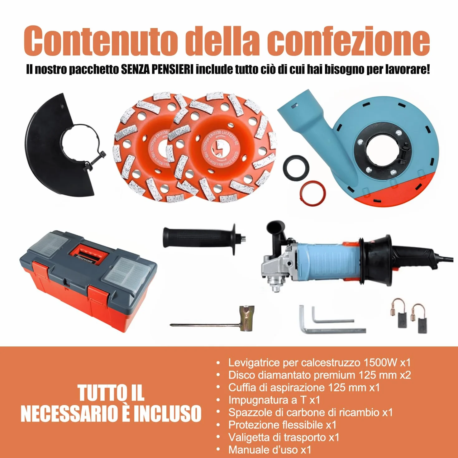 FANZWORK Levigatrice per Cemento 1500W, 2 Dischi Diamantati 125mm, Cappa Antipolvere, Manico a T, Velocità Regolabile
