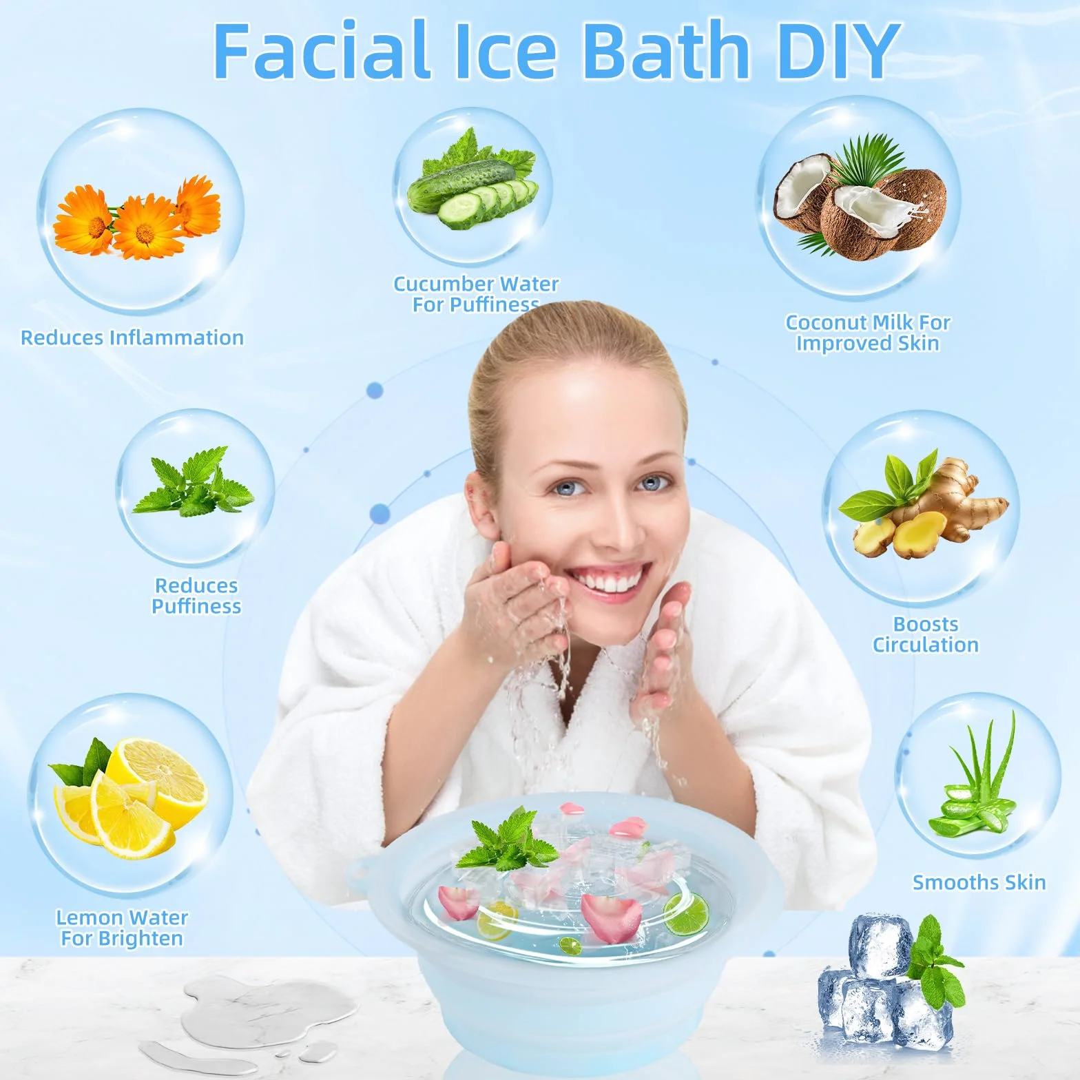 Face Ice Bath Bowl, Silicone Ice Facial Folding Washbasin, Foldable Ice Bath Artifact, Portable Washing Basin, Face Ice Bath Water Chiller for Soothe Skin, Reduce Puffiness, Pore Shrinking