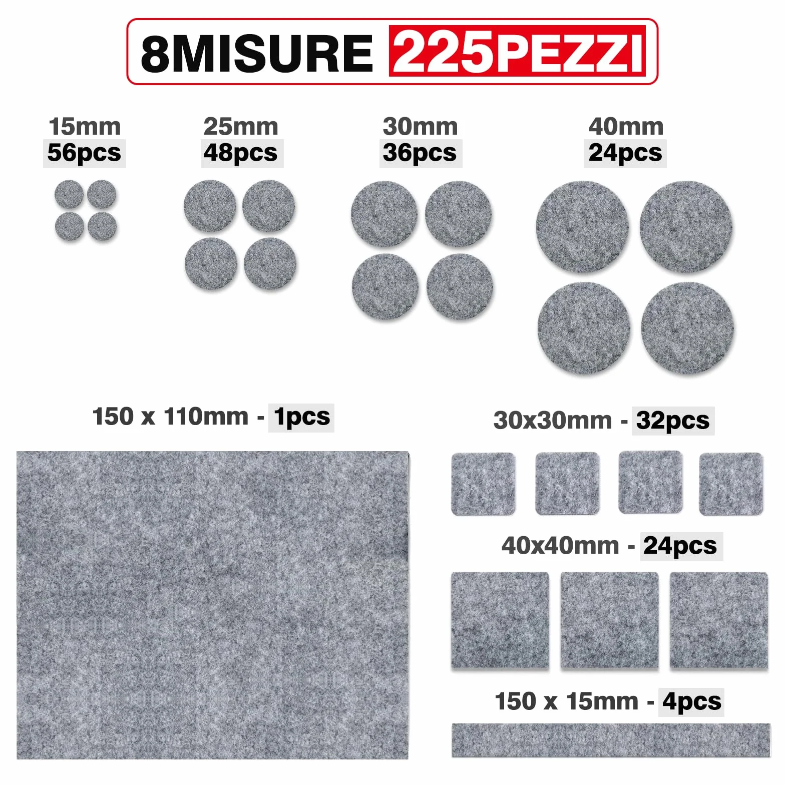 Feltrini Adesivi per Mobili 225 Pezzi, Rotondi Quadrati 3mm, 8 Taglie, Antiscivolo per Sedie Pesanti - Grigio