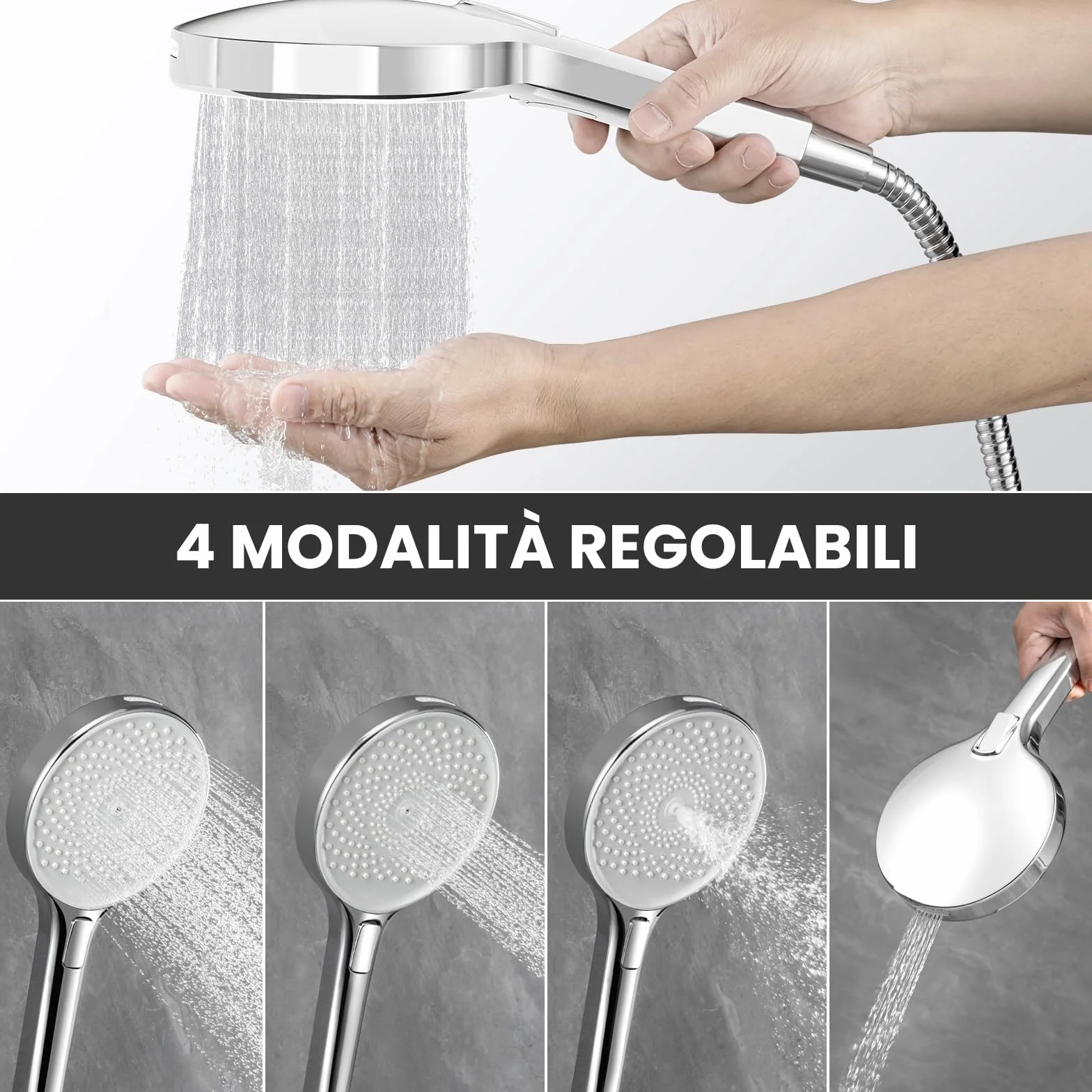 Auralum Soffione Doccia Anticalcare 140 mm - Alta Pressione 4 Modalità Regolabili Risparmio Idrico - Ugelli Silicone Autopulenti Cromato Bianco