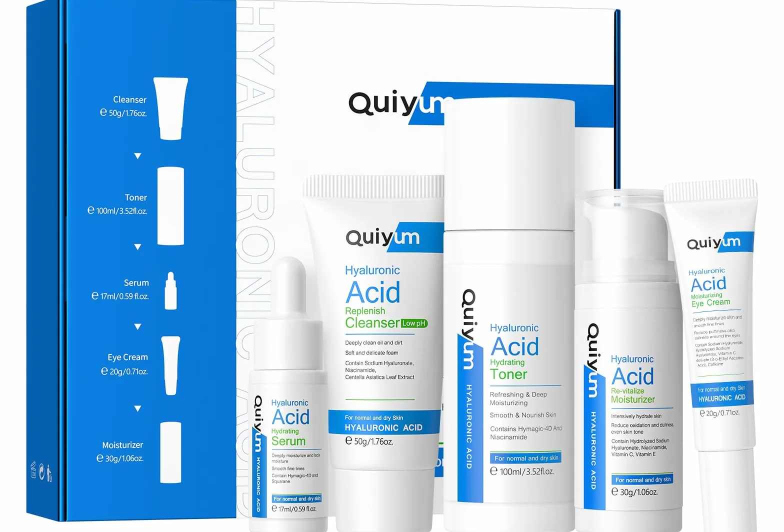 QUIYUM Set Acido Ialuronico 5 Pezzi Kit Skincare Completo per la Cura della Pelle Viso, Set Regalo per Donna, Idratazione Intensiva, Adatto a Tutti i Tipi di Pelle