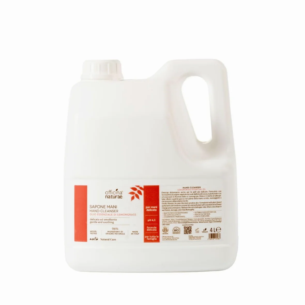 Officina Naturae | Ricarica Sapone Liquido Mani Bio, con Ingredienti di Origine Naturale, Delicato ed Emolliente, Note Agrumate, 4l