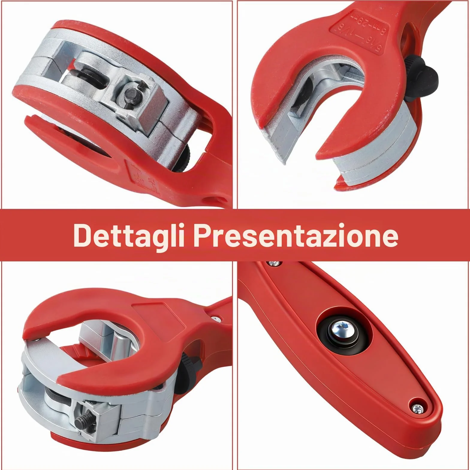 Tagliatubi a cricchetto per tubi 8-29 mm, acciaio inossidabile, rame, alluminio, rosso
