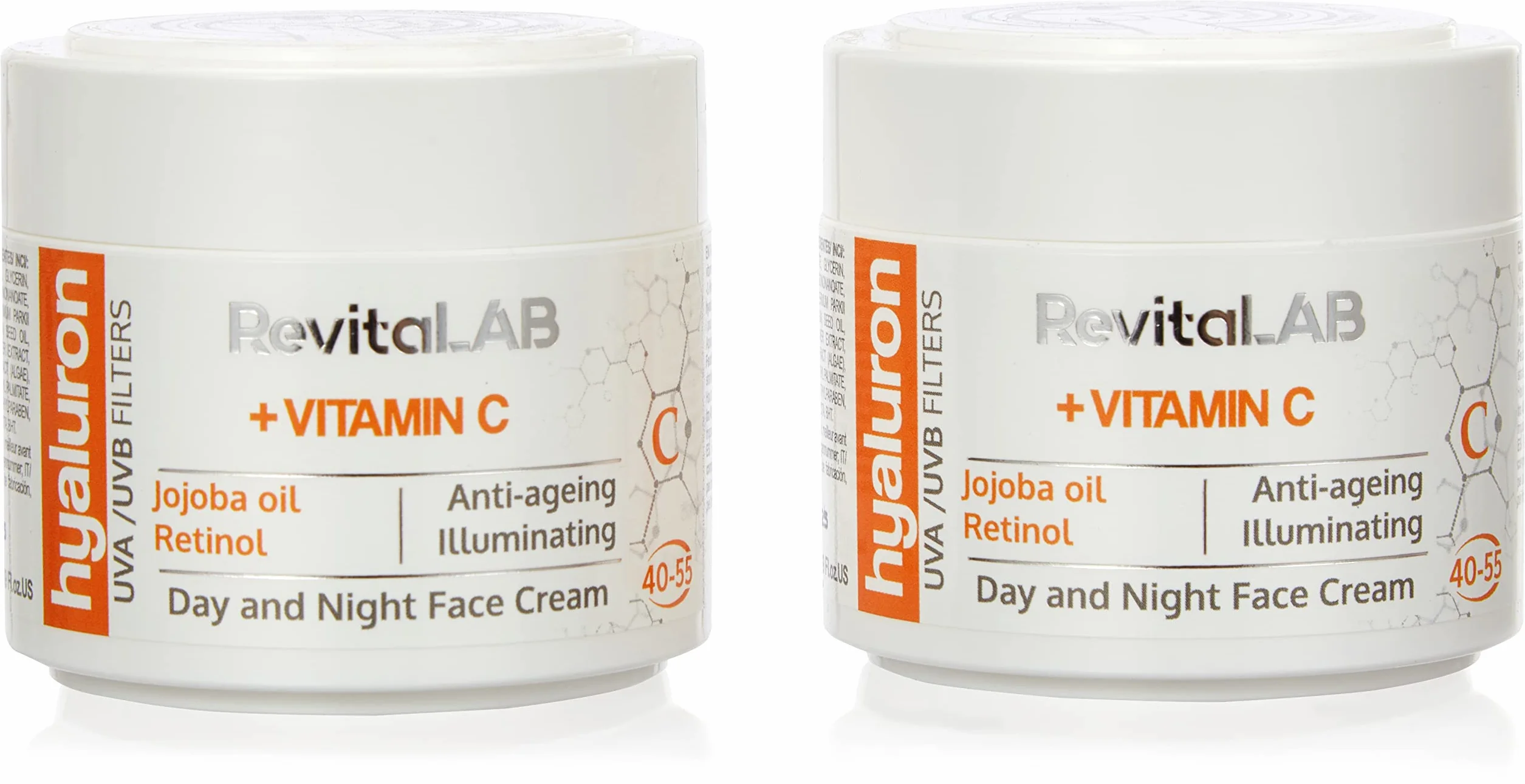 RevitaLAB - Crema giorno e notte antietà con acido ialuronico, arricchita con vitamina A, B3, B5, E, C, olio di jojoba e filtri UV, 40-55 anni, 50 ml - Formato multipack