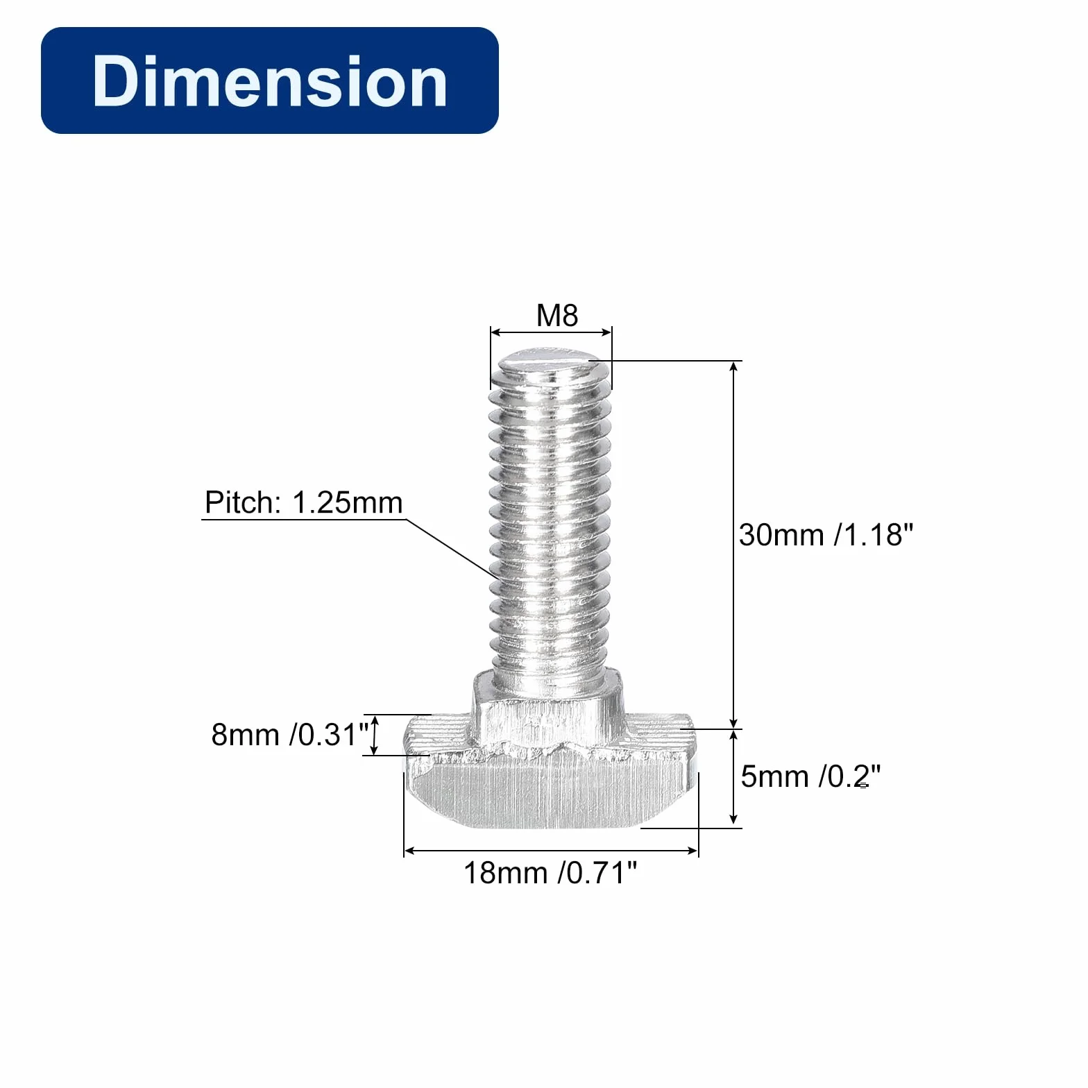 Bulloni a T-Slot M8 x 30mm Testa a Martello per Profilo Alluminio Serie 4040, Acciaio Carbonio Nichelato Argento