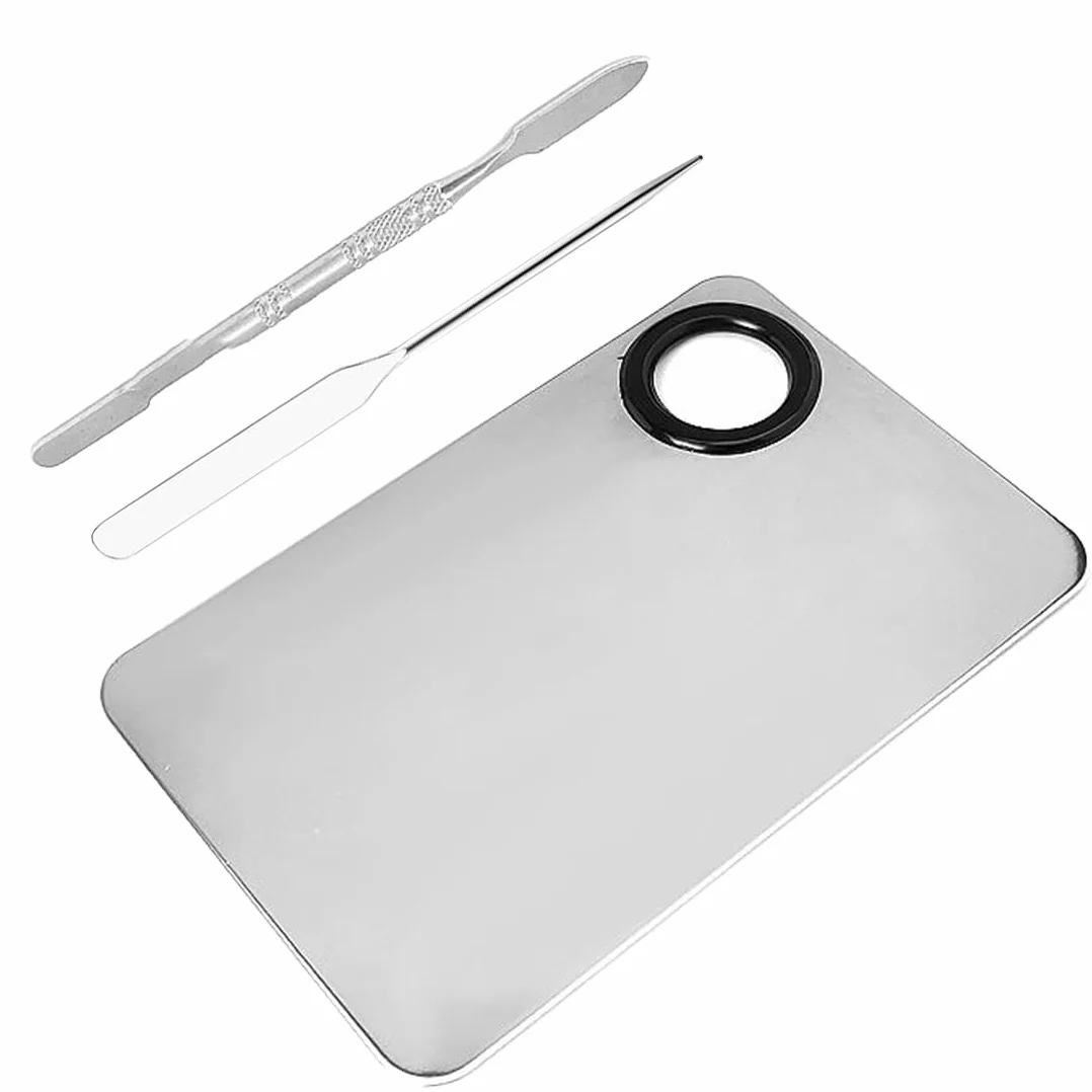 Professionale Makeup Mixing attrezzo, Palette per Miscelazione del Trucco in Acciaio INOX, con Spatola per Mescolare Fondotinta, Argento (Standard)