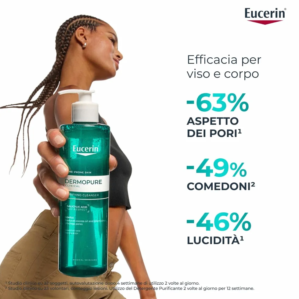 Eucerin DermoPure Clinical Gel Detergente Viso Purificante 400 ml, Detergente schiumogeno viso e corpo senza sapone efficace come struccante, Formula con Acido Salicilico per pelle grassa e acneica