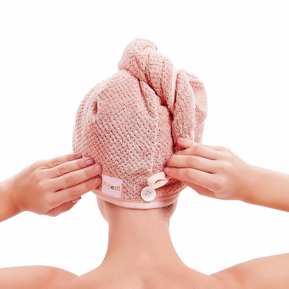 M-bestl, Confezione da 2 asciugamani a turbante per capelli con bottoni, in microfibra