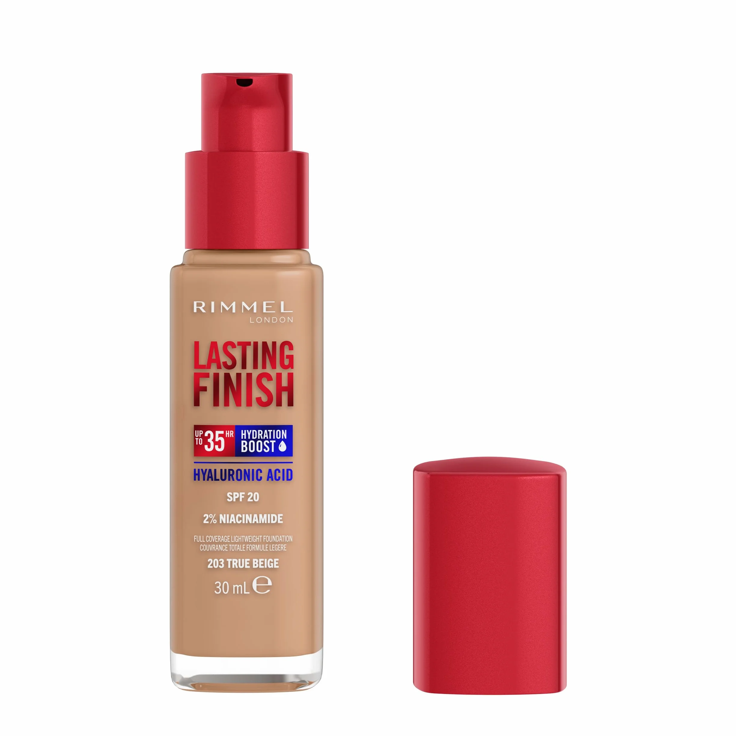 Rimmel London Lasting Finish 35H, 203 True Beige, fondotinta, lunga tenuta, idratante, formula vegana, alta coprenza, 30ml