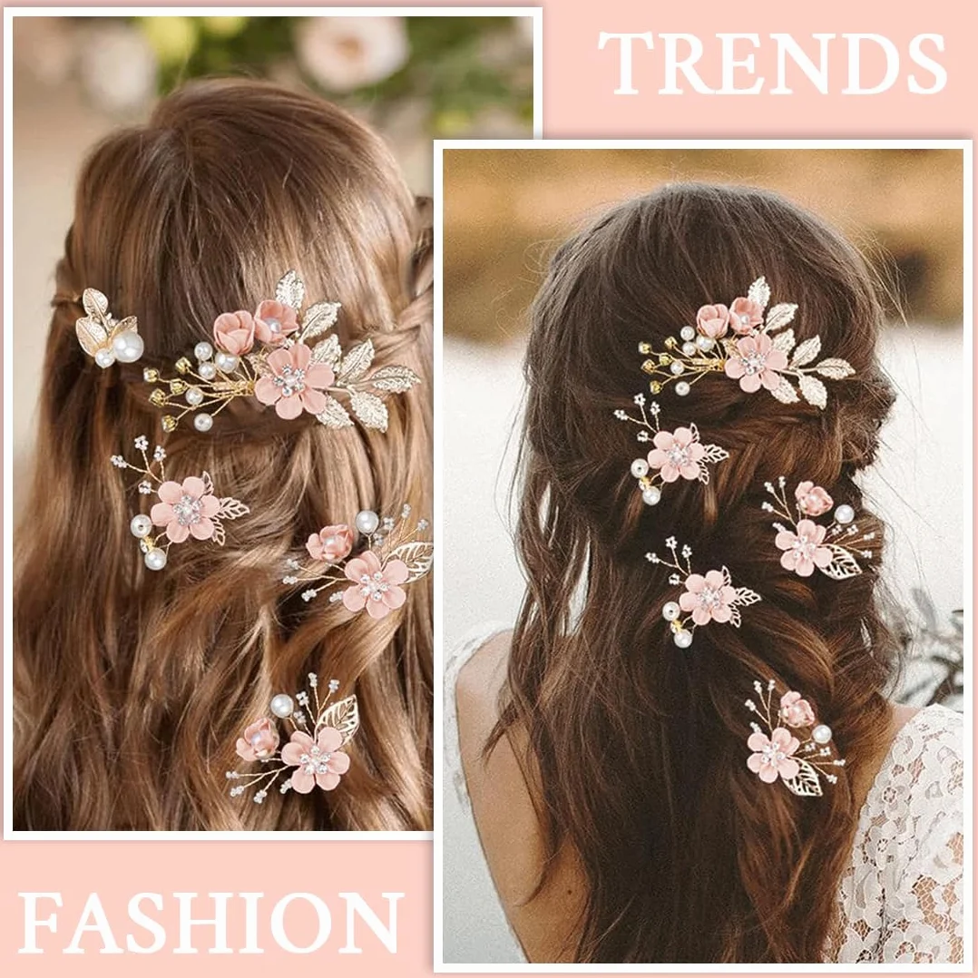 Set di 4 Fermagli Capelli Sposa, Pettine per Capelli da Sposa con Perle,Accessori Capelli Sposa con Strass Rosa,per Accessori per Capelli da Sposa Fascia da Sposa