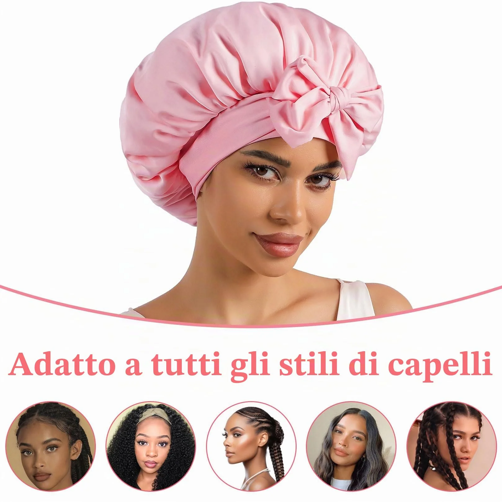 2 Pz Cuffia Seta Capelli Notte Ricci, Silk Bonnet Seta per Capelli Ricci, Cuffia in Setas per Dormire, Cuffie per Dormire Capello Lunghi Corti, Cuffietta in Raso per Notte+ 2 Elastici per Capellio
