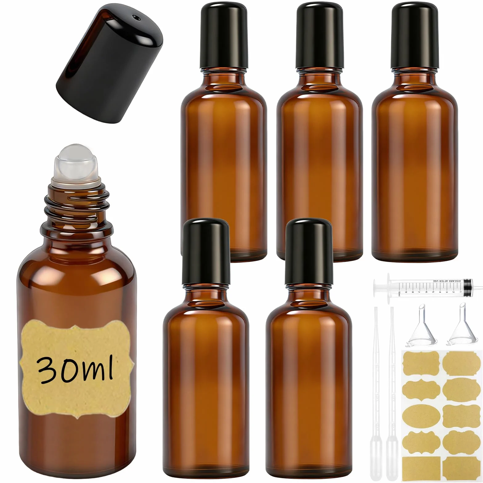 6 bottiglie di vetro rollon da 30 ml per olio essenziale, rollon bottiglia vuota, con sfera in vetro, ricaricabili in Rollon marrone con 6 accessori per profumo, massaggio, aromaterapia