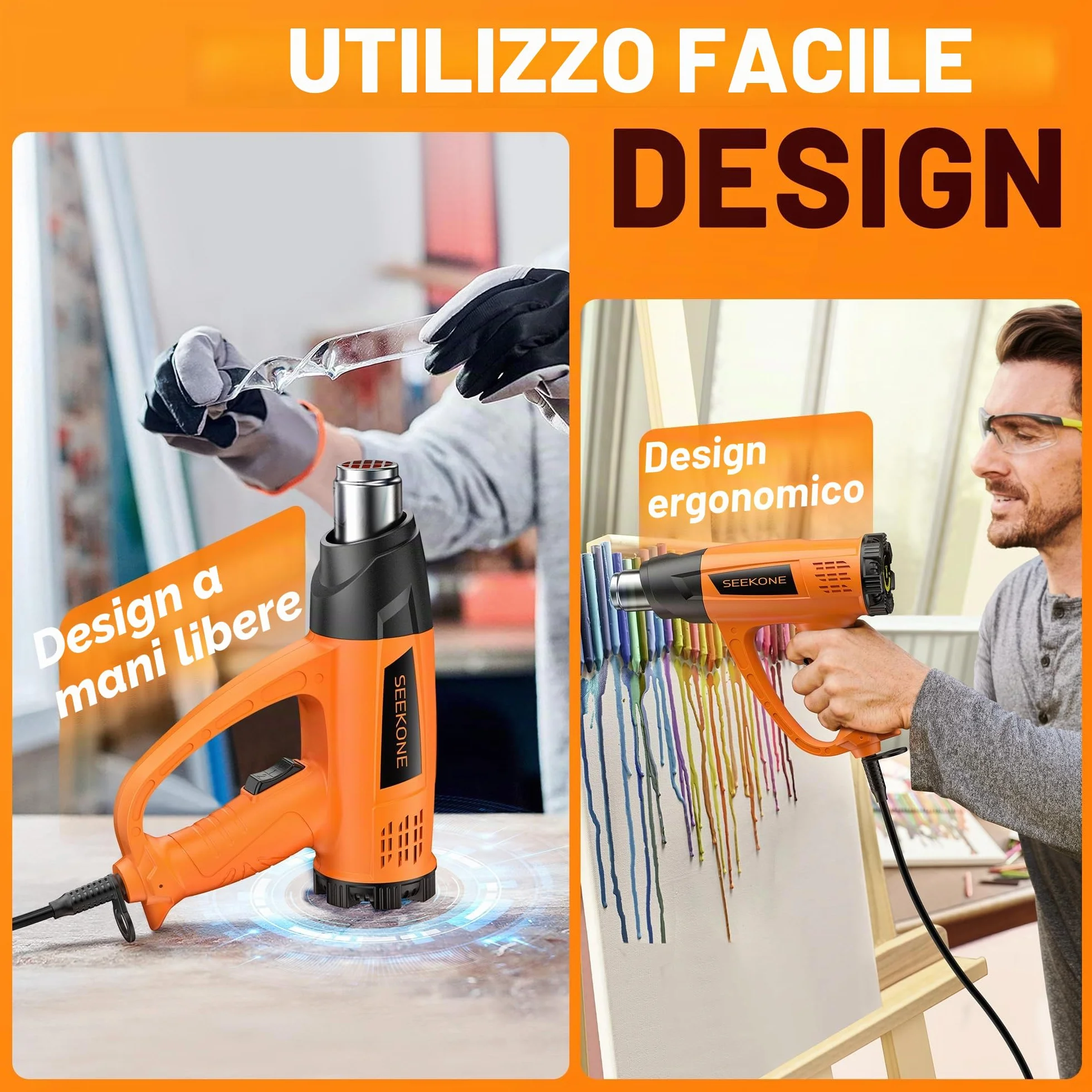 SEEKONE Pistola Termica 2000W Professionale 60-600°C Regolabile con 7 Accessori