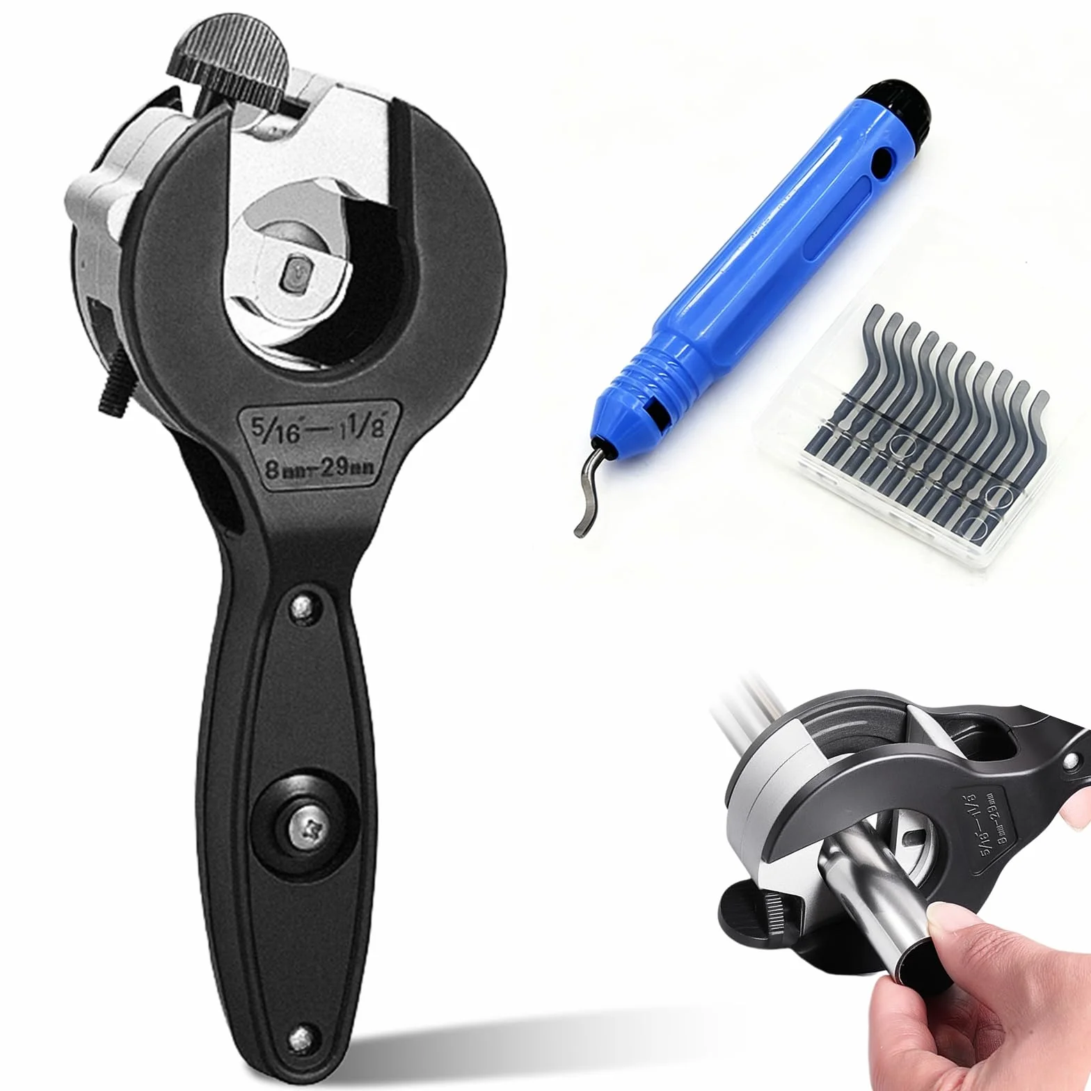 Tagliatubi a Cricchetto per Acciaio Inossidabile e Rame 8-29 mm, Set con 3 Dischi Intercambiabili