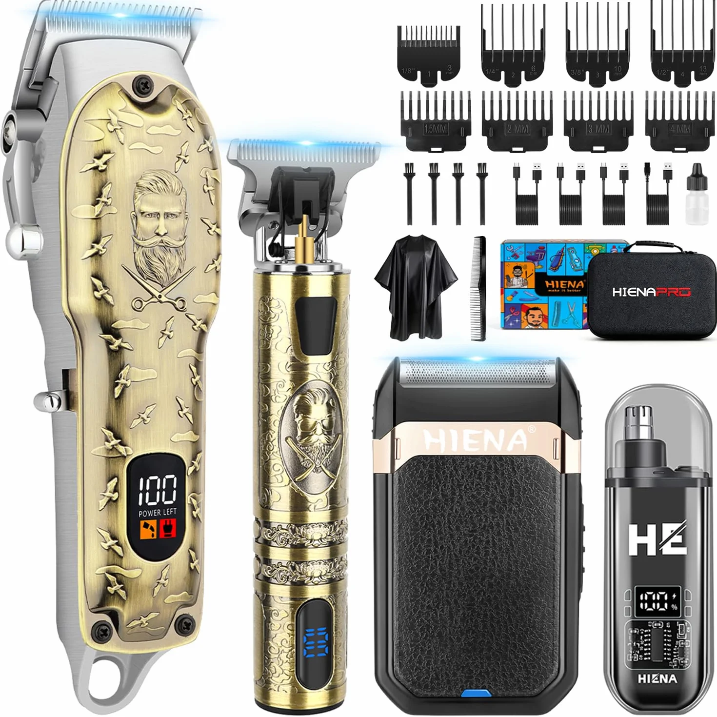 HIENA PRO Tagliacapelli Uomo Professionale, Macchinetta per Capelli Senza Fili, Regolabarba, Rasoio a Lamina, Tagliapeli Naso, Kit Completo per Rasatura e Taglio di Capelli Elettrico