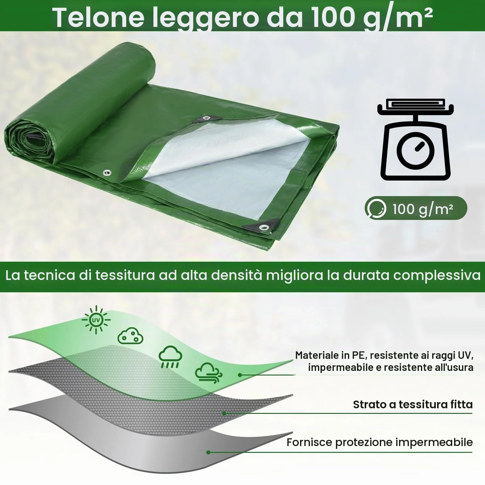 Velway Telo Impermeabile da Esterno 2x3m 100 g/m² Telone con Occhielli Rinforzati Resistente ai Raggi UV Verde